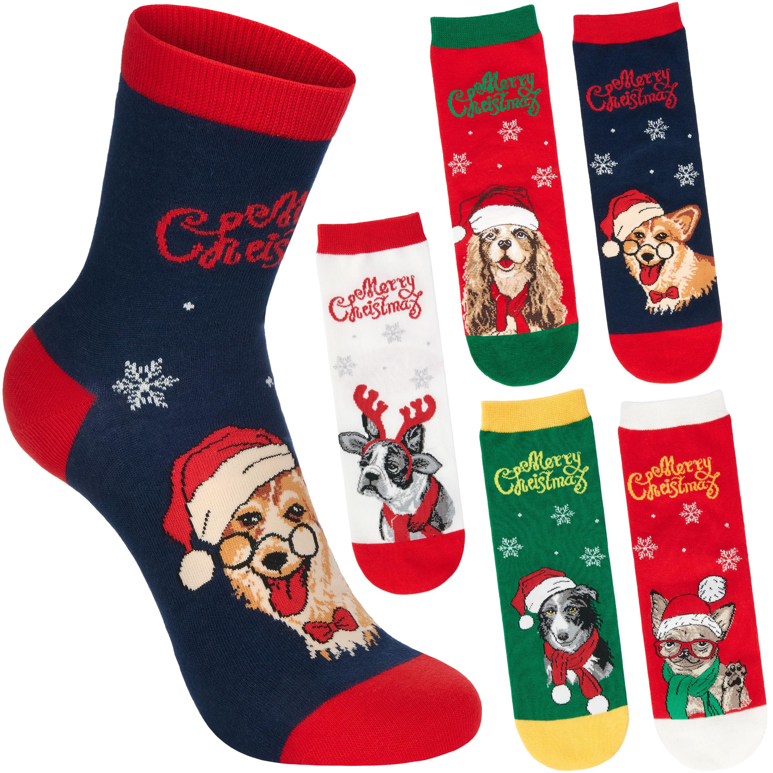 Image of Brubaker 5 Pairs Of Christmas Dog Socks For Women And Men - Border Collie, Bulldog, Spaniel, Corgi & Chihuahua - Funny Christmas Socks