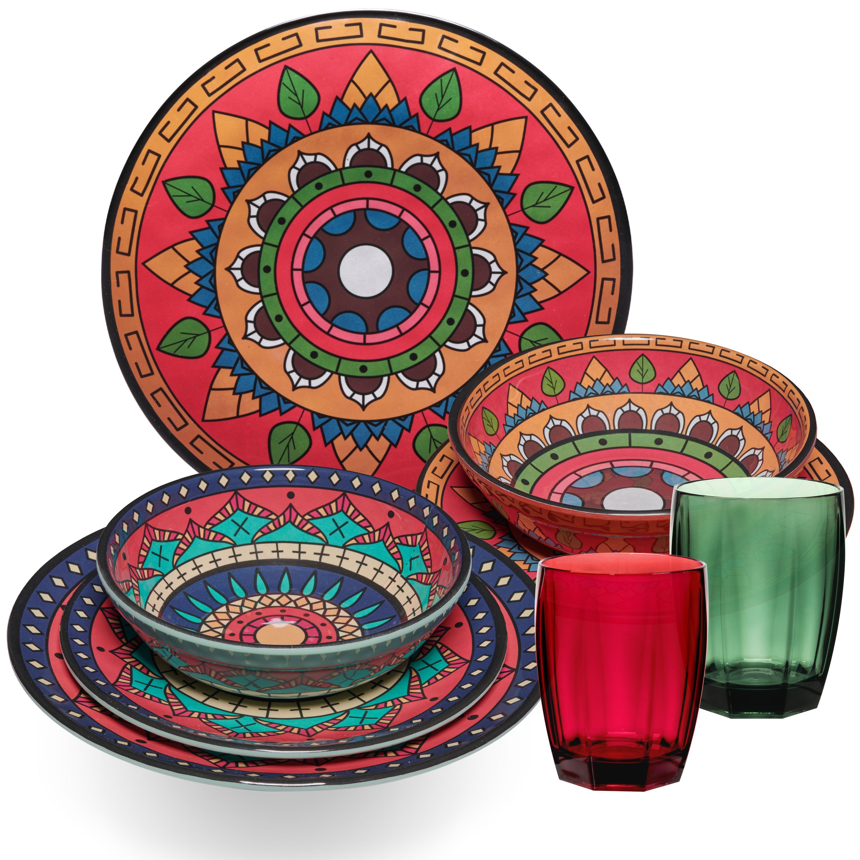 Image of Tuscany Deep Camping Dishware For 2 People - 8pcs - Red-green - Mandala Optics With Color-matching 320 Ml Drinking Glasses Accessories Camping Dishware Camping Festival Picnic Garden Party