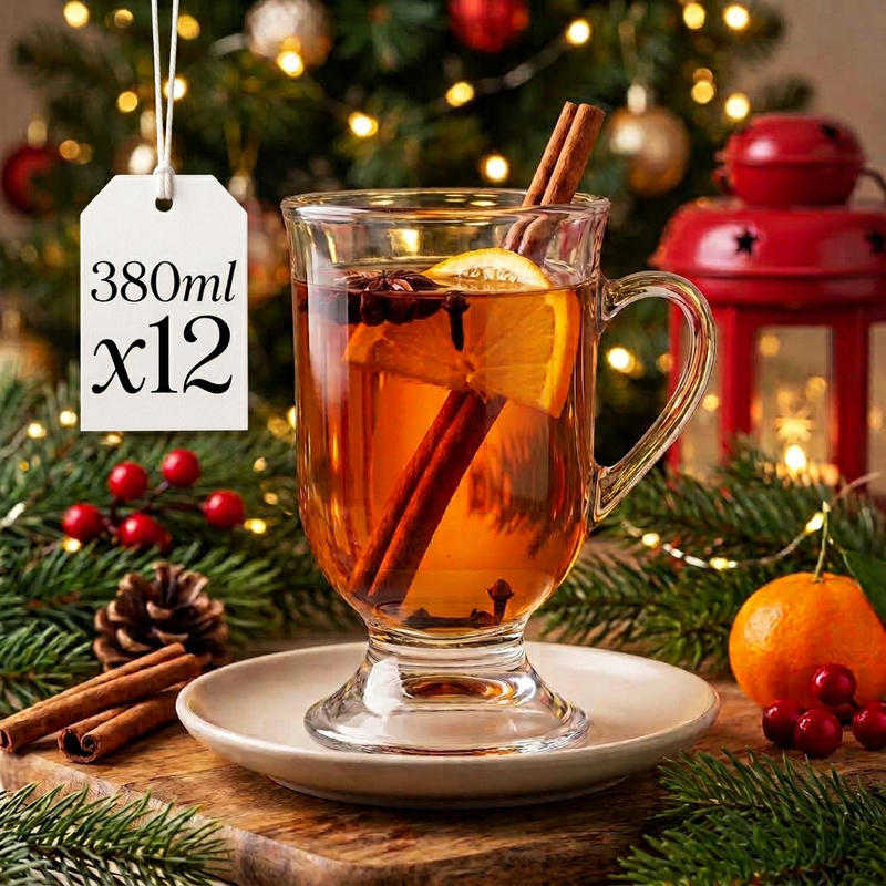Image of 12-piece Set Of 380ml Glass Mugs With Handles, Large Coffee Glasses With Base For Coffee, Tea, Cappuccino, And , Transparent Drinking Glasses For Home, Office, And Catering