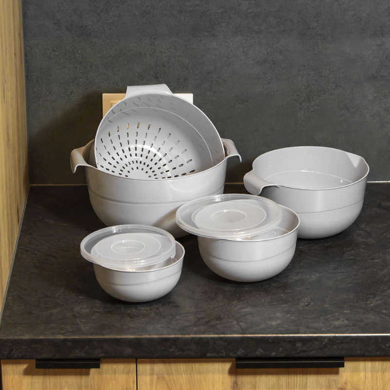 Image of Kitchen Set Of 7 Elements With A Lid + Colander, A Practical Set Of Bowls With Lids And A Strainer For Mixing, Washing Salads, Pastry, Fruits, Vegetables, And Multifunctional Kitchen Accessories.