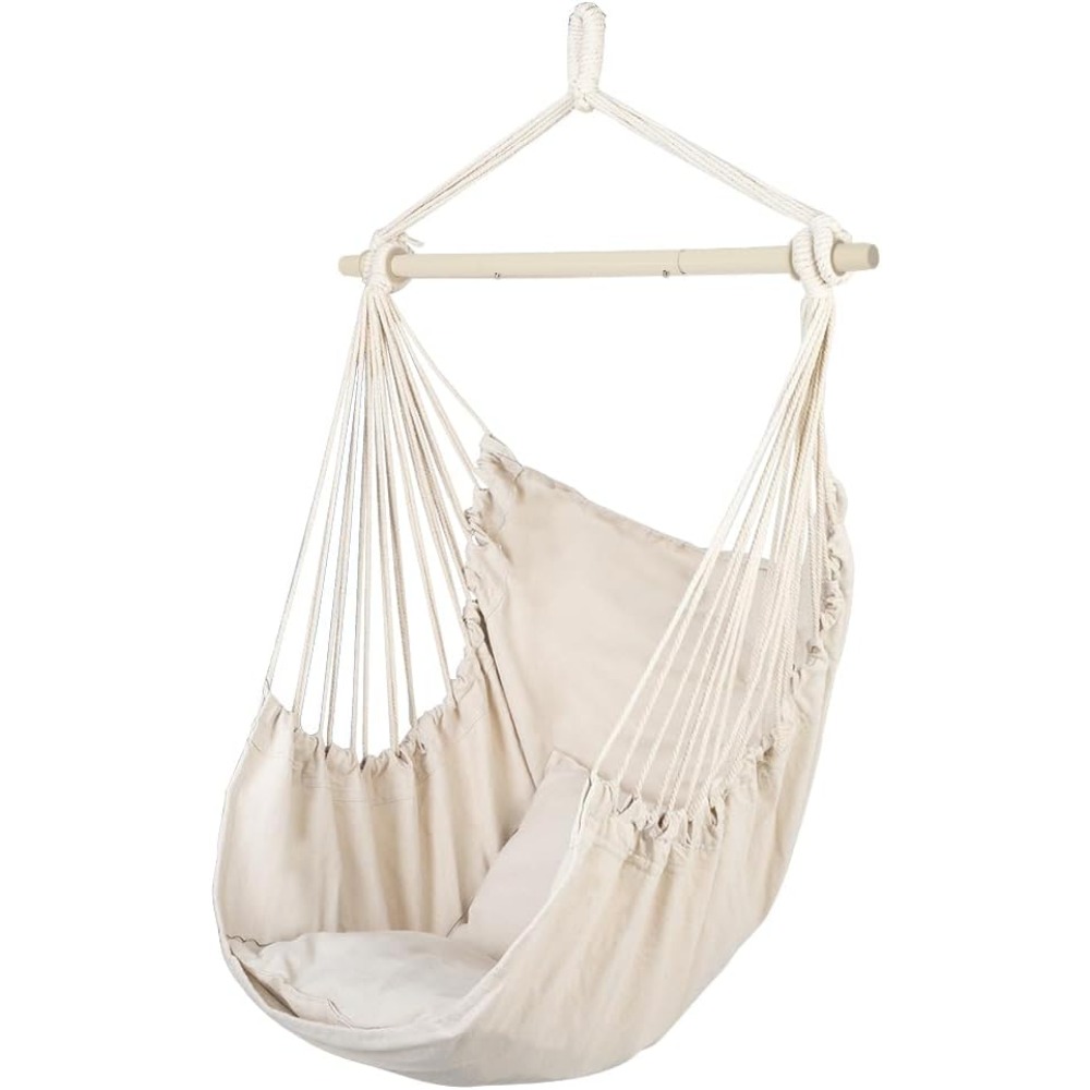 Image of Outdoor And Indoor Hanging Chair With 2 Cushions, Frameless Hanging Chair Suitable For Adults And Children (beige, No Fringe)