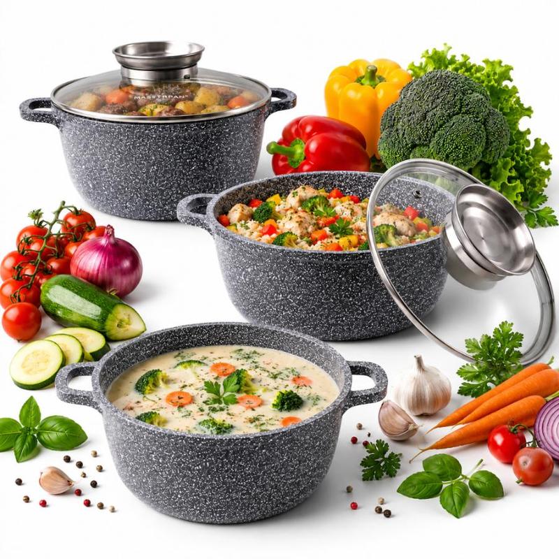 Image of 6pcs Pot Set | With Marbled Coating | 2.5/4.5/6.8l Cooking Pot | Silicone Handles | With Lid | Coating | Induction | Ideal As A Gift | For All Stove Types | Grey Mp2158
