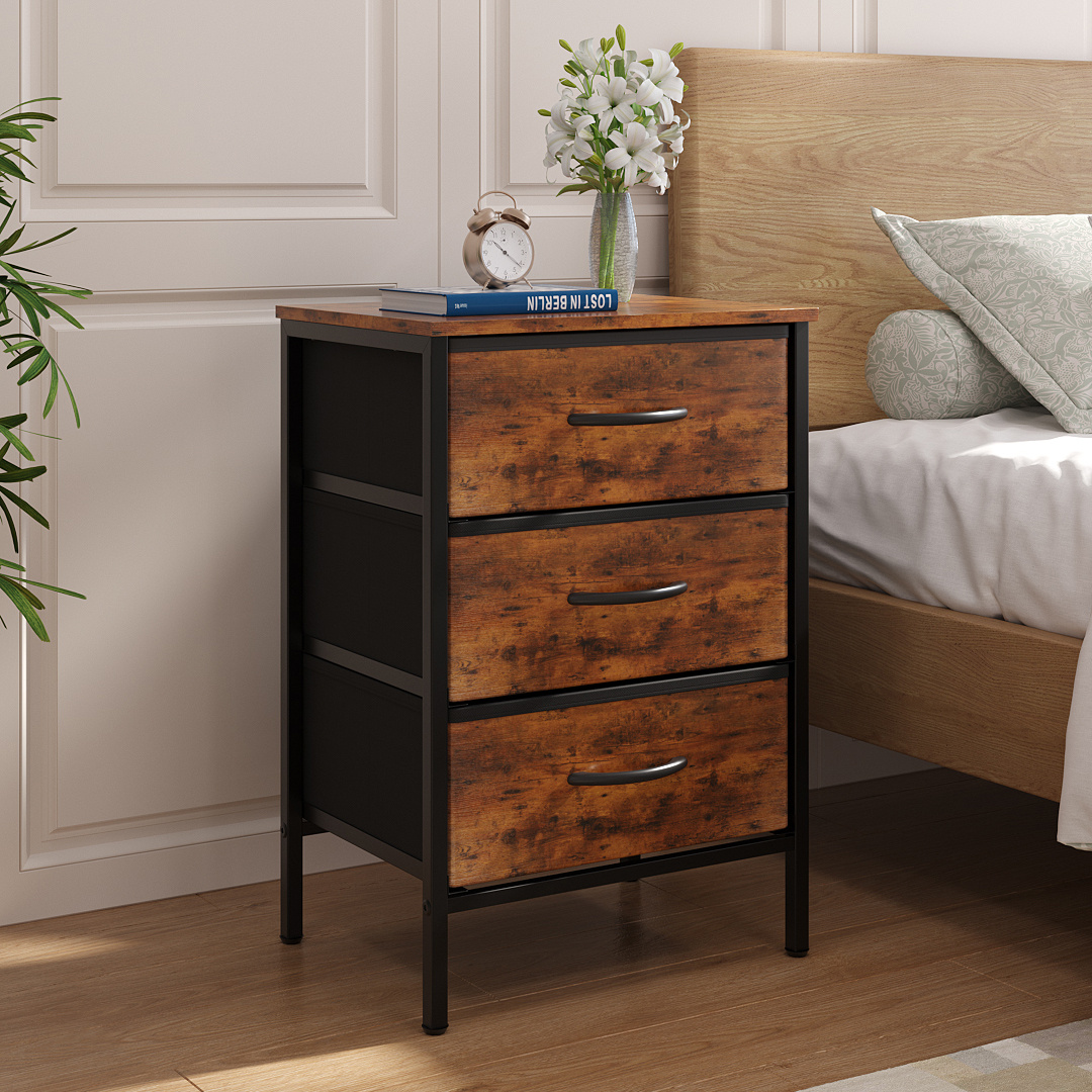 TEMU Life Ideas Bedside Table With 3 Storage Drawers - Vintage Fabric Dresser With Sturdy & Wood Top, Small Chest For Bedroom, Closet (40x30x58.8cm)