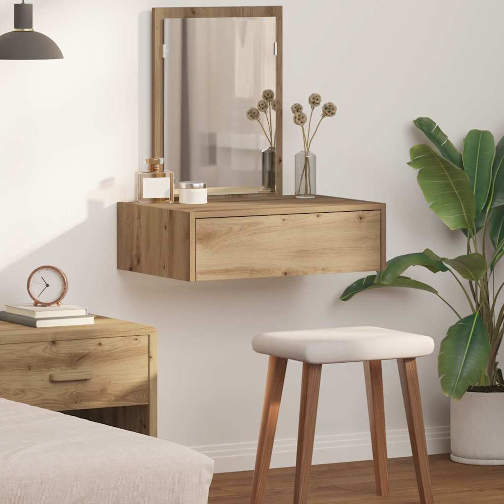 Image of Vidaxl Wall-mounted Makeup Table Artisan Oak | Compact 60 X 40 X 70 Cm 1 Spacious Traditional Drawer Ideal For Bedrooms And Care Areas