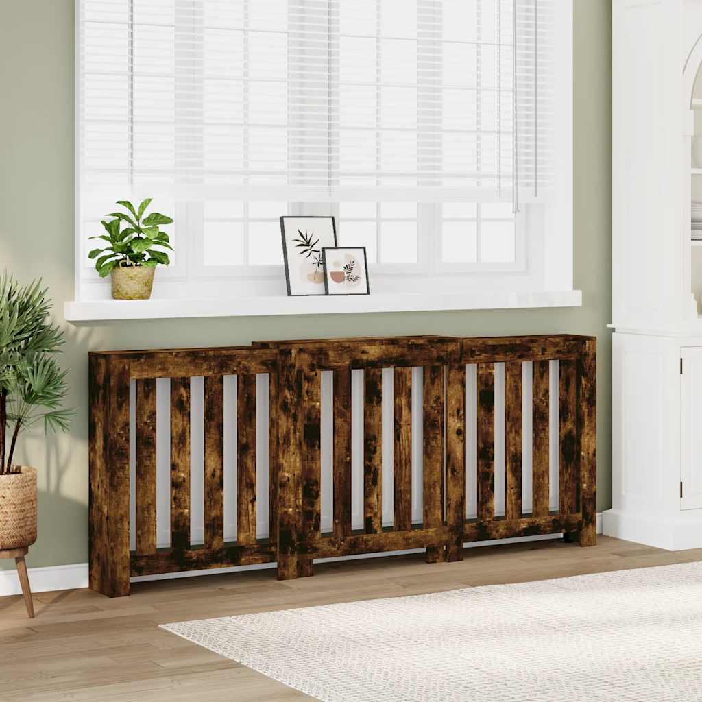 Image of Vidaxl Radiator Cover, Modern Slatted Design, Radiator Panel For Living Room, Heating Cover, Smoked Oak 205x21.5x83.5cm Wood Composite