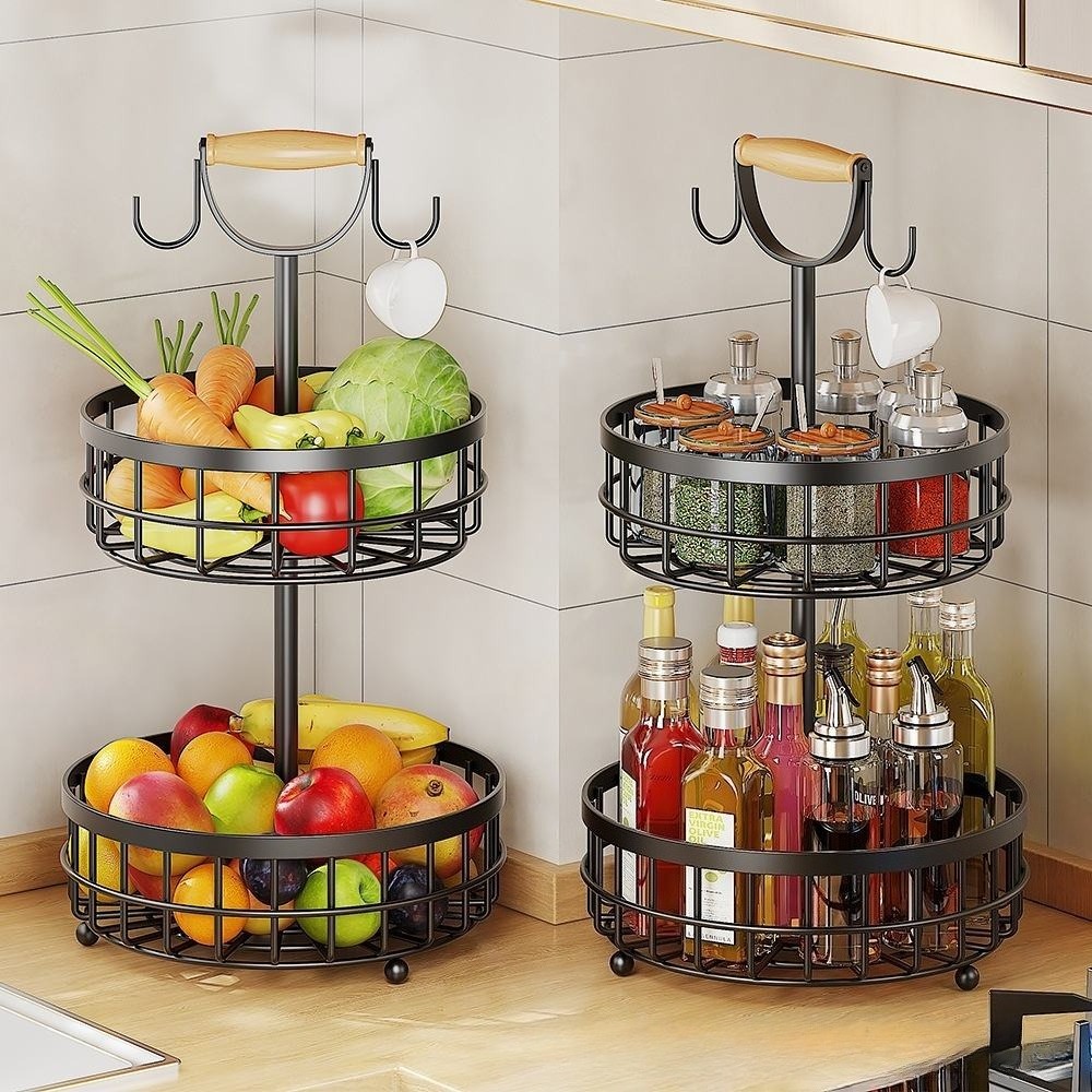 TEMU 1pcs Two-tier Metal Bread Basket, Features 2 Banana Hooks, Double-layer Black Metal Storage Rack With Wooden Handles - Large Capacity,