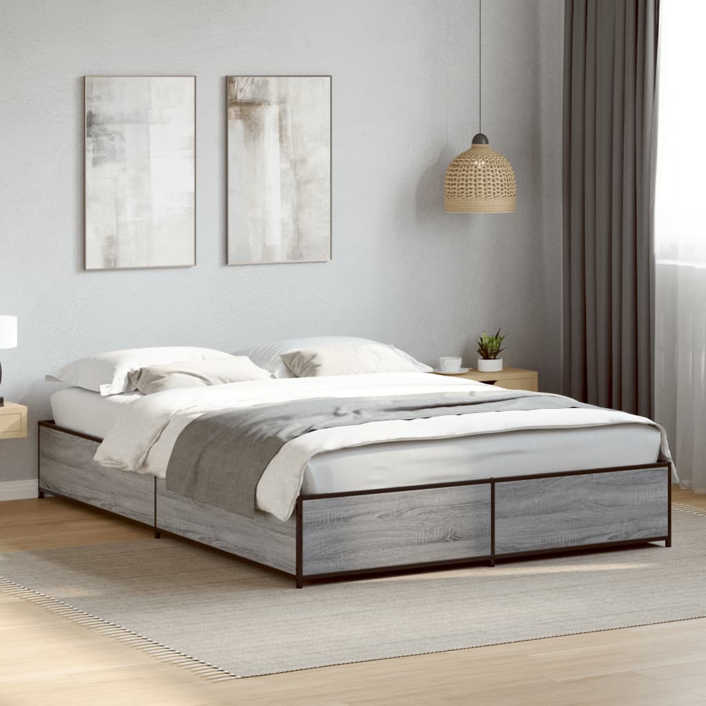Image of Vidaxl Bed Frame, Bed With Metal Legs Plywood Slats, Double Bed For Bedroom, Modern, Grey 120x190cm Wood Material Metal