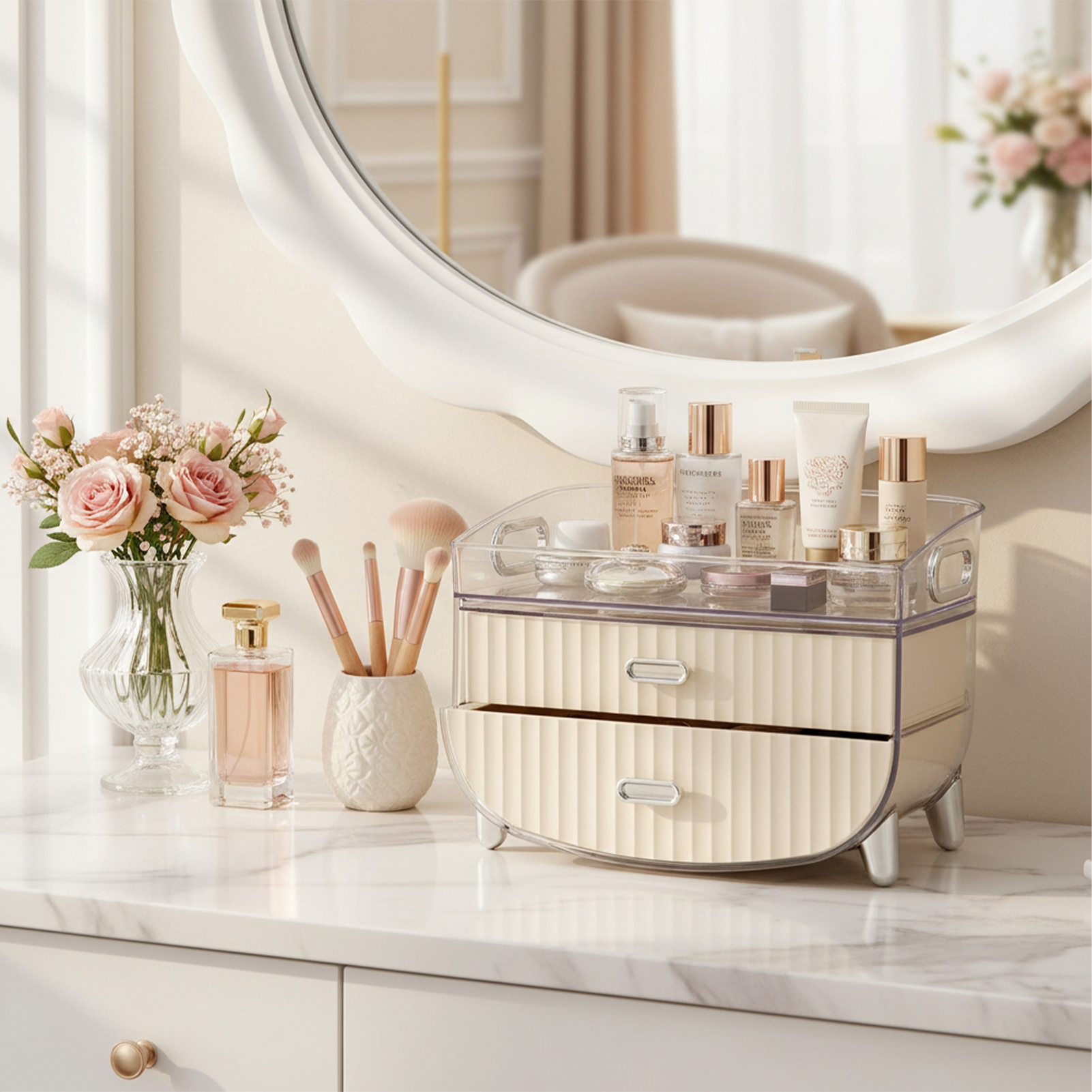 Vanity Countertop Cream Makeup Organiser with Drawer