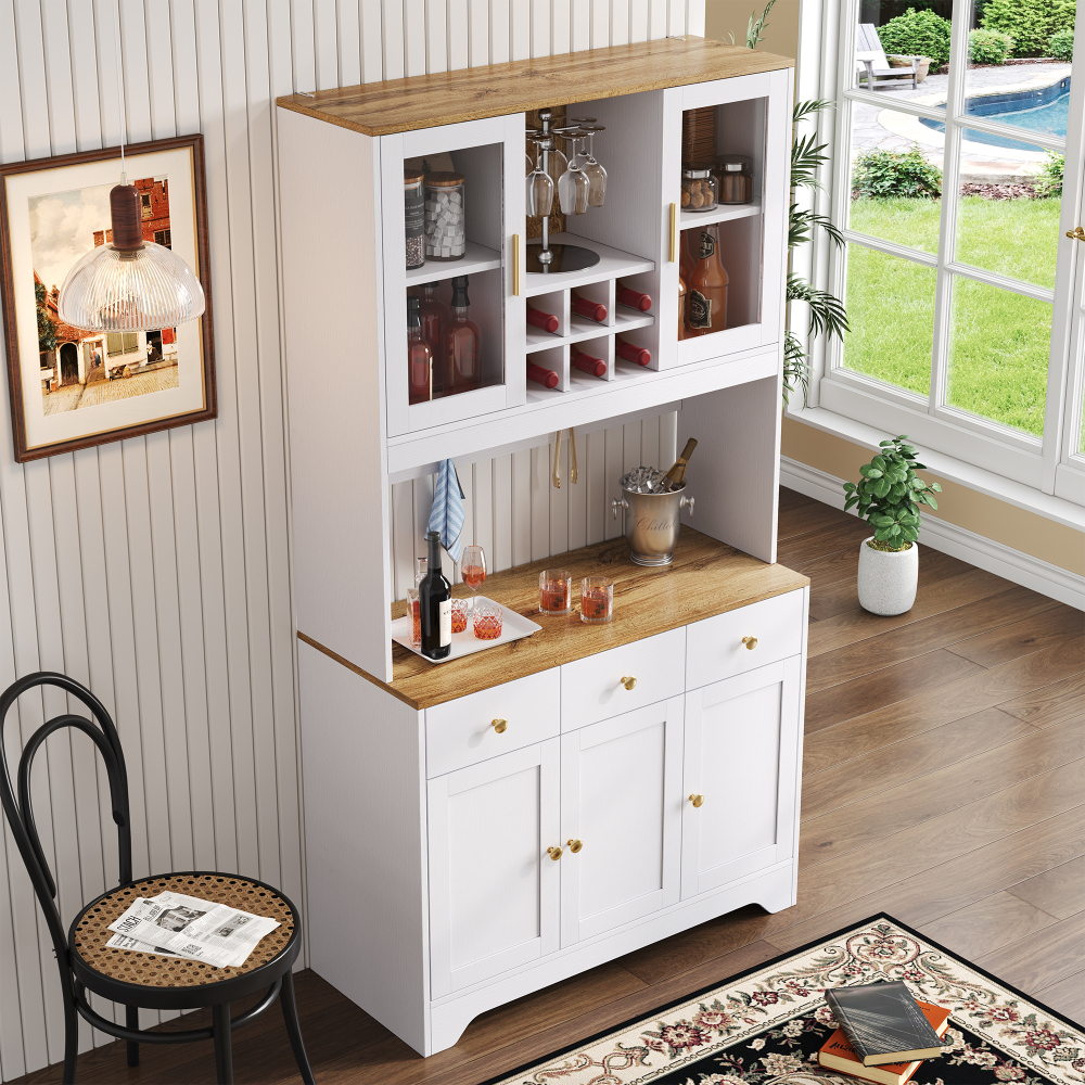 Image of 94.5 X 30 X 175.5 Cm Rustic Sideboard With Glass Doors | Storage Space & Open Compartments | Soft Close | Modern Country House Design