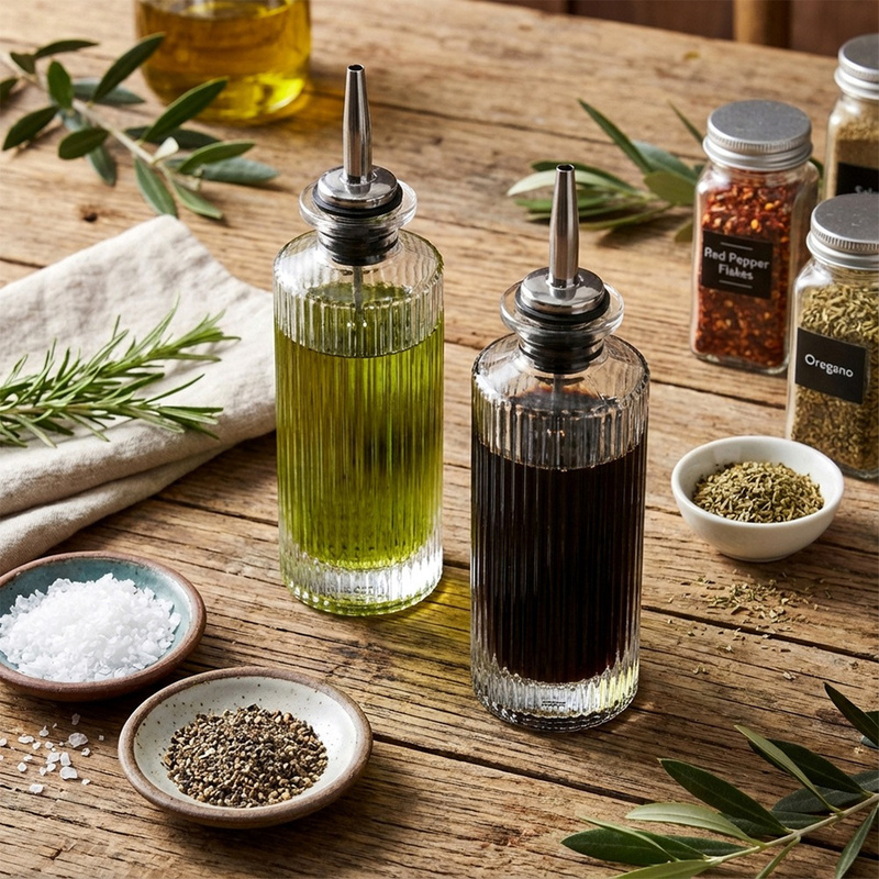 TEMU Set Of 2 Glass Bottles For Oil And Vinegar 160 Ml With Dispensers, Transparent Glass, Ideal For Serving Olive Oil And Vinegar, Practical And