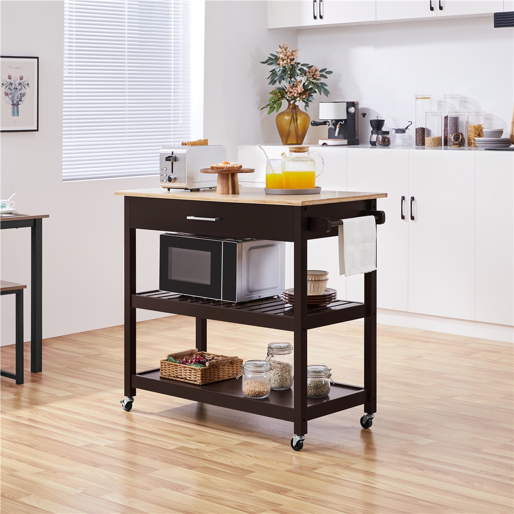 Image of Costoffs Kitchen Cart Serving Cart With Drawer & 2 Shelves, Rolling Kitchen Cart With 4 Wheels, Kitchen Shelf, Kitchen Island