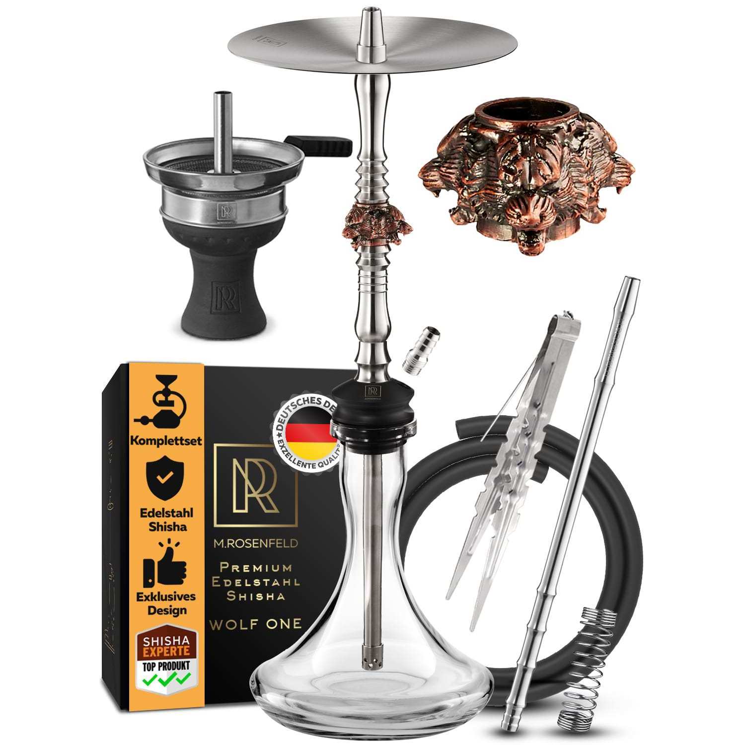 Image of Complete Hookah Set - Stainless Steel With Flow Through 3 Copper Wolf Heads - Quality Accessories 85cm