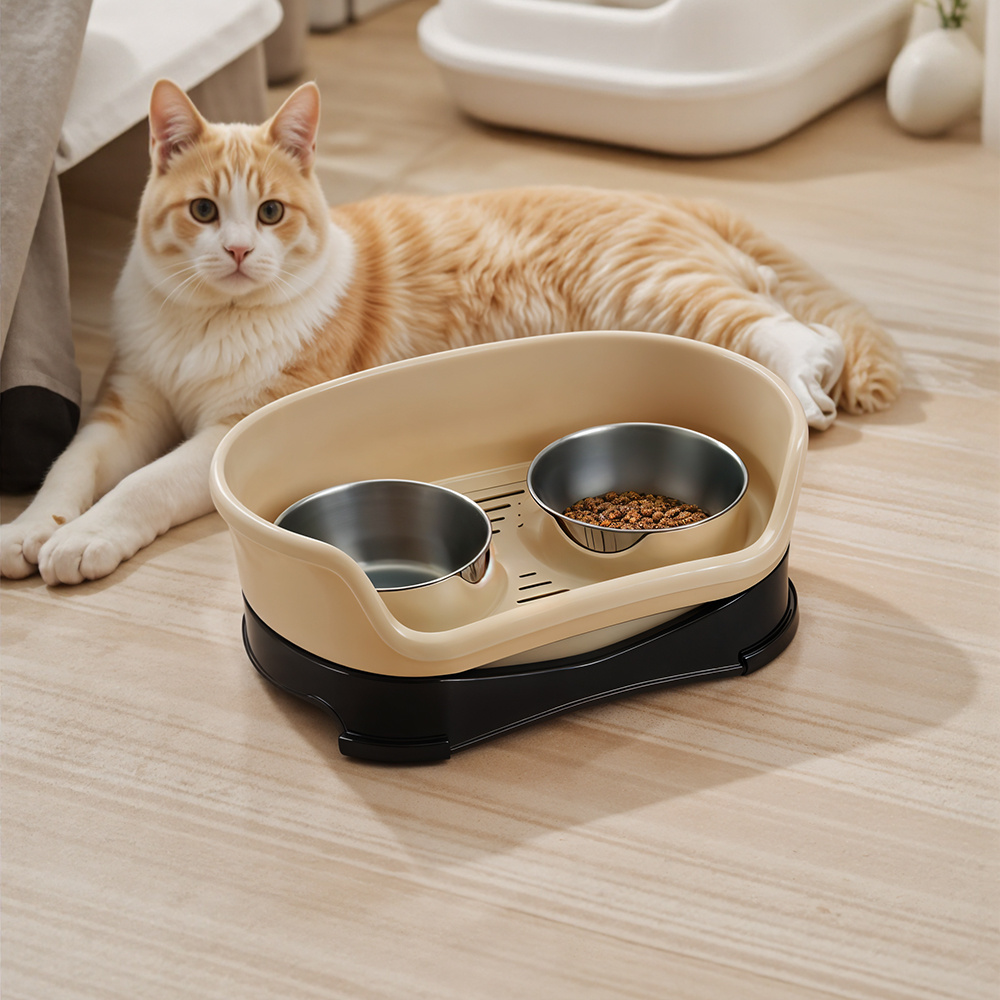 Stainless Steel Dog Bowl 2 Feeding Bowl for Dog Water and Food with Stand Pet Eating and Drinking Station for Cats and Dogs Brown