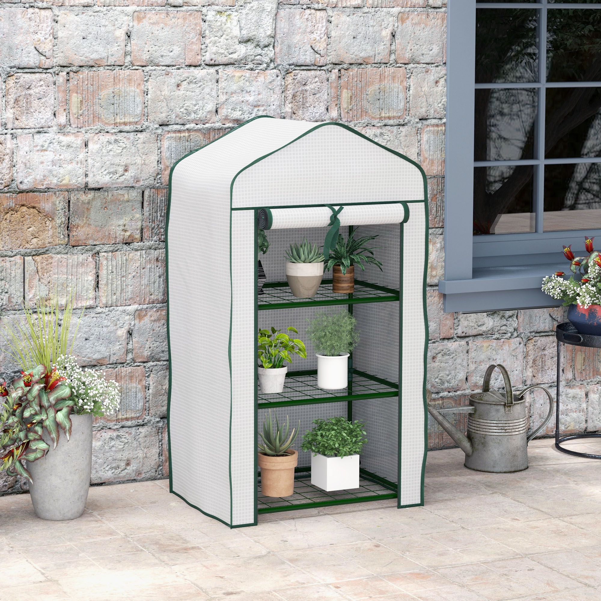 TEMU 3 Tier Mini Greenhouse With Reinforced Pe Cover, Outdoor Greenhouse Canopies, White