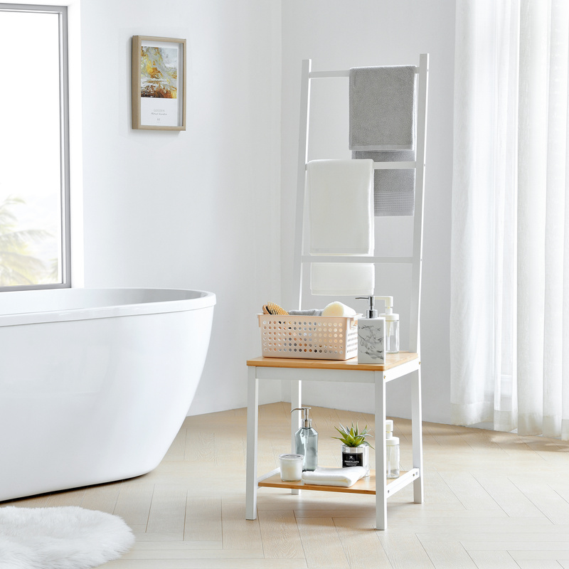 Valet Juuka 133x40x42 Cm Clothes Rack With Stool Towel Holder Freestanding Large For Bedroom Wardrobe Bamboo White