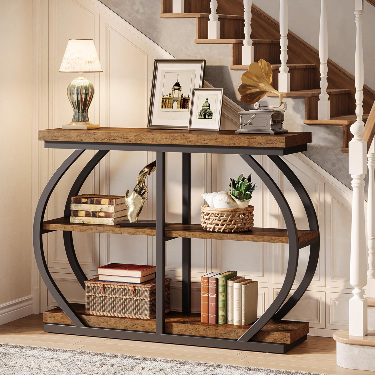 Image of Vintage 105 Cm Console Table, Industrial 3 Tier Entrance Table With Arched Metal Frame And Storage Shelves For Living Room, Hallway, Rustic Brown