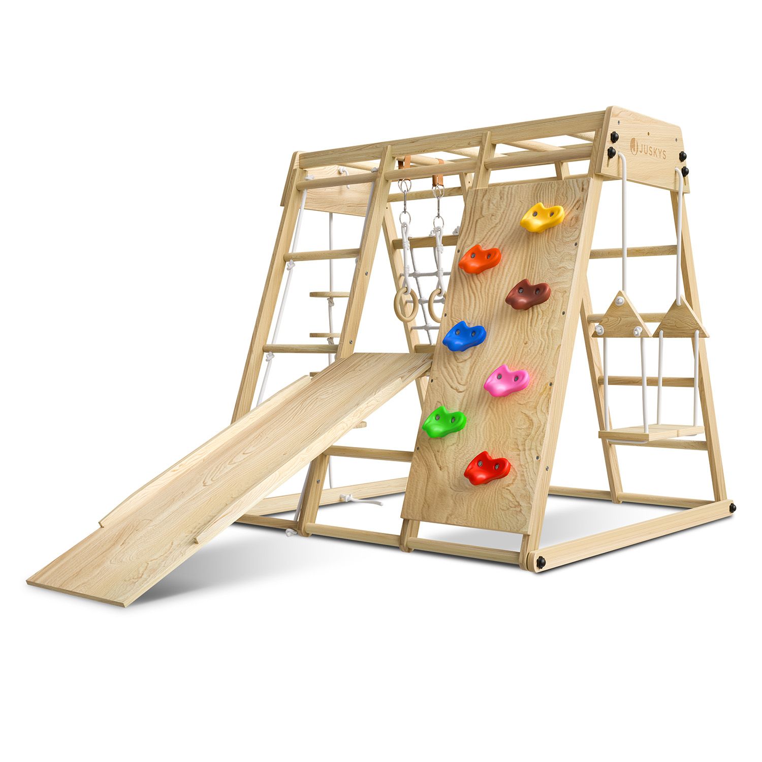 Image of Climbing Frame For Kids - Indoor Playground With Slide, Climbing Wall & Climbing Net - Wooden Climbing Tower Foldable - Climbing In Room
