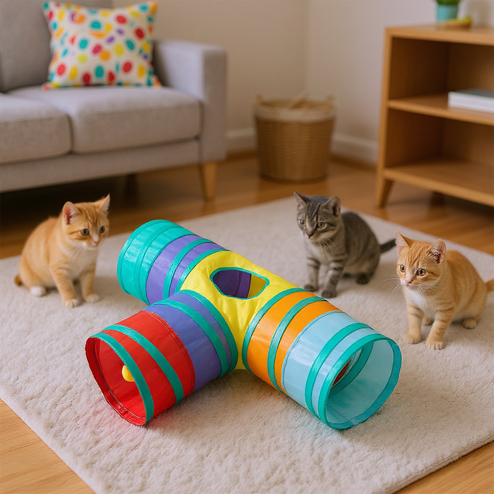T-Shape Cat Tunnel with Hole and Hanging Ball