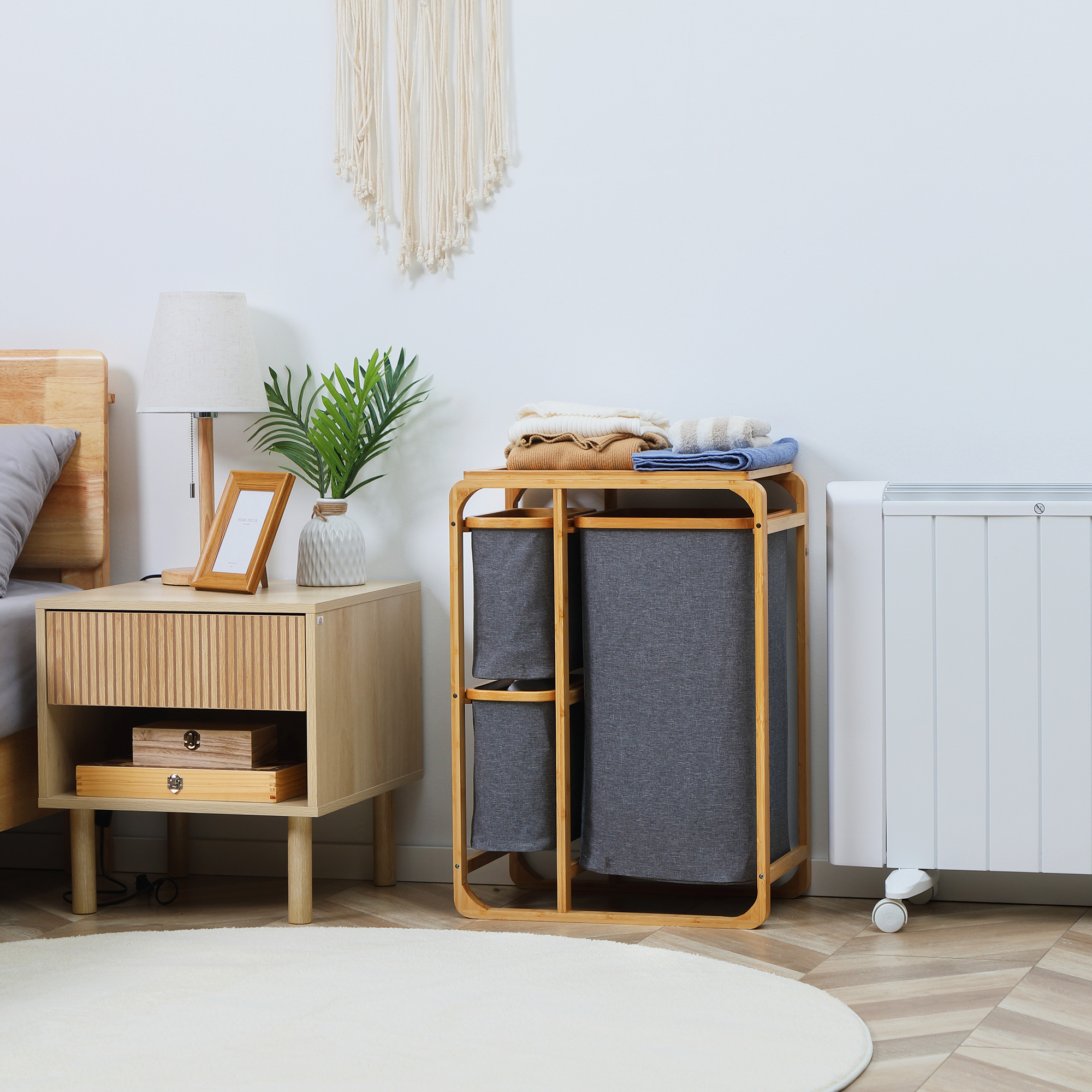 Image of Laundry Basket With Platform, Laundry Collector With 3 Removable Laundry Bags, Laundry Sorter For Bedroom Bathroom, Bamboo Gray+natural, 50 X 32 .7 Cm