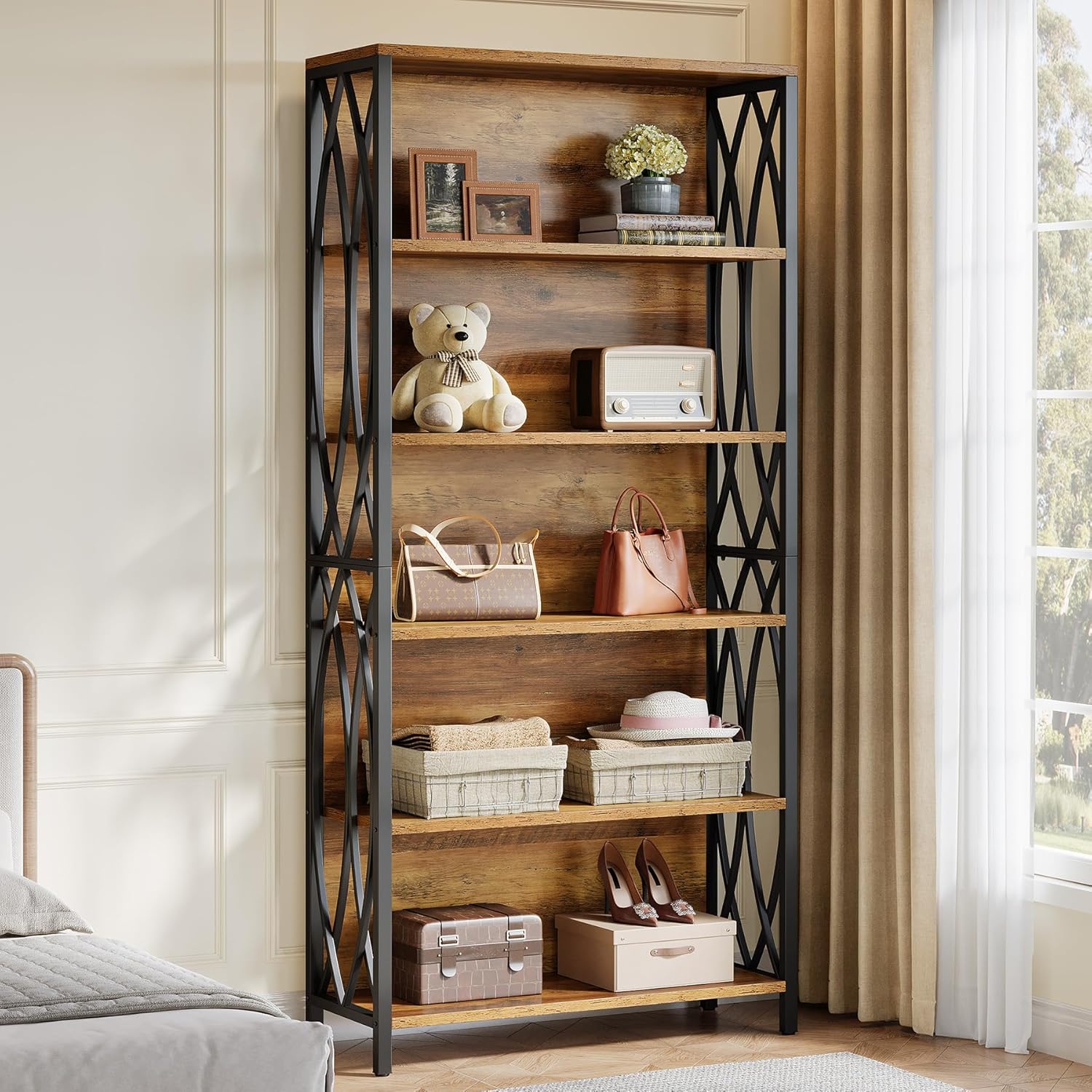 Image of 180cm Vintage Tall Bookcase, 6-tier Industrial Style Bookcase With Geometric Metal Frame And Open Storage Shelves, Freestanding Display Shelf For Home Office, Living Room, 1pc, Brown