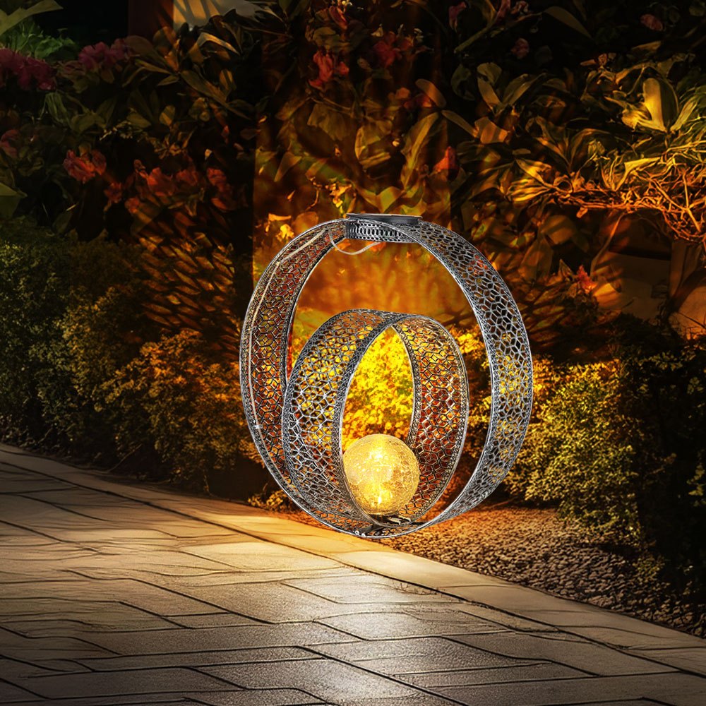 Image of Oriental Solar Sphere Decorative Light For Garden, Metal Outdoor Solar Lamp With Crackle Glass, Ground Spike, 1x Led 0.06w Warm White, Lxwxh: 30x20x42 Cm