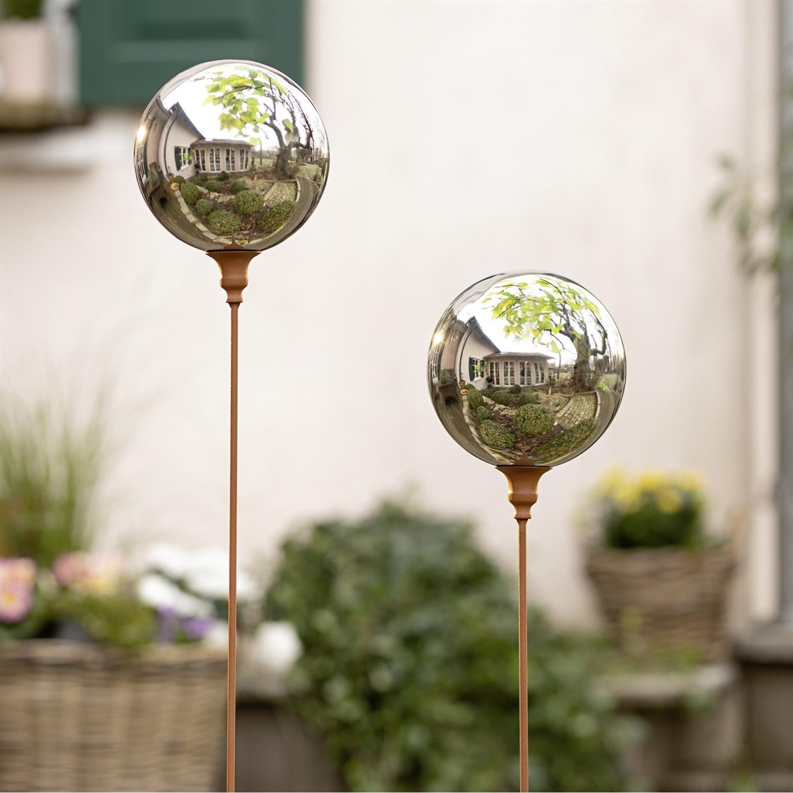 E-shop Gartenstecker Kugel aus Metall in Rost-Optik, 118 cm hoch, Dekostecker mit verspiegelter Kugel, Garten-Deko für Draußen, Metallstecker,