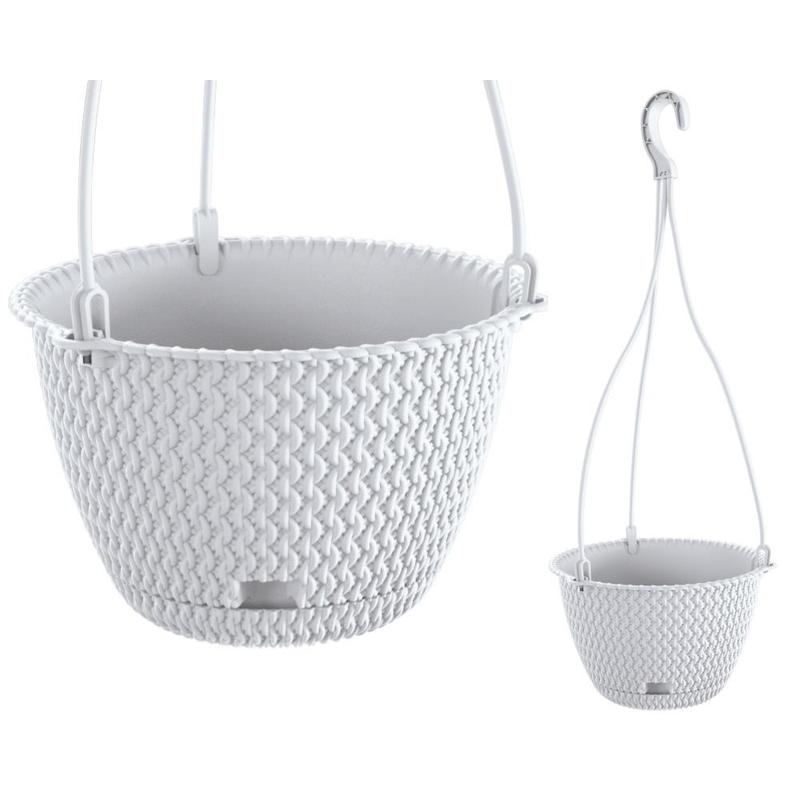 Image of Round Rattan Planter 3l Hanging White With Hook For Balcony Or Terrace