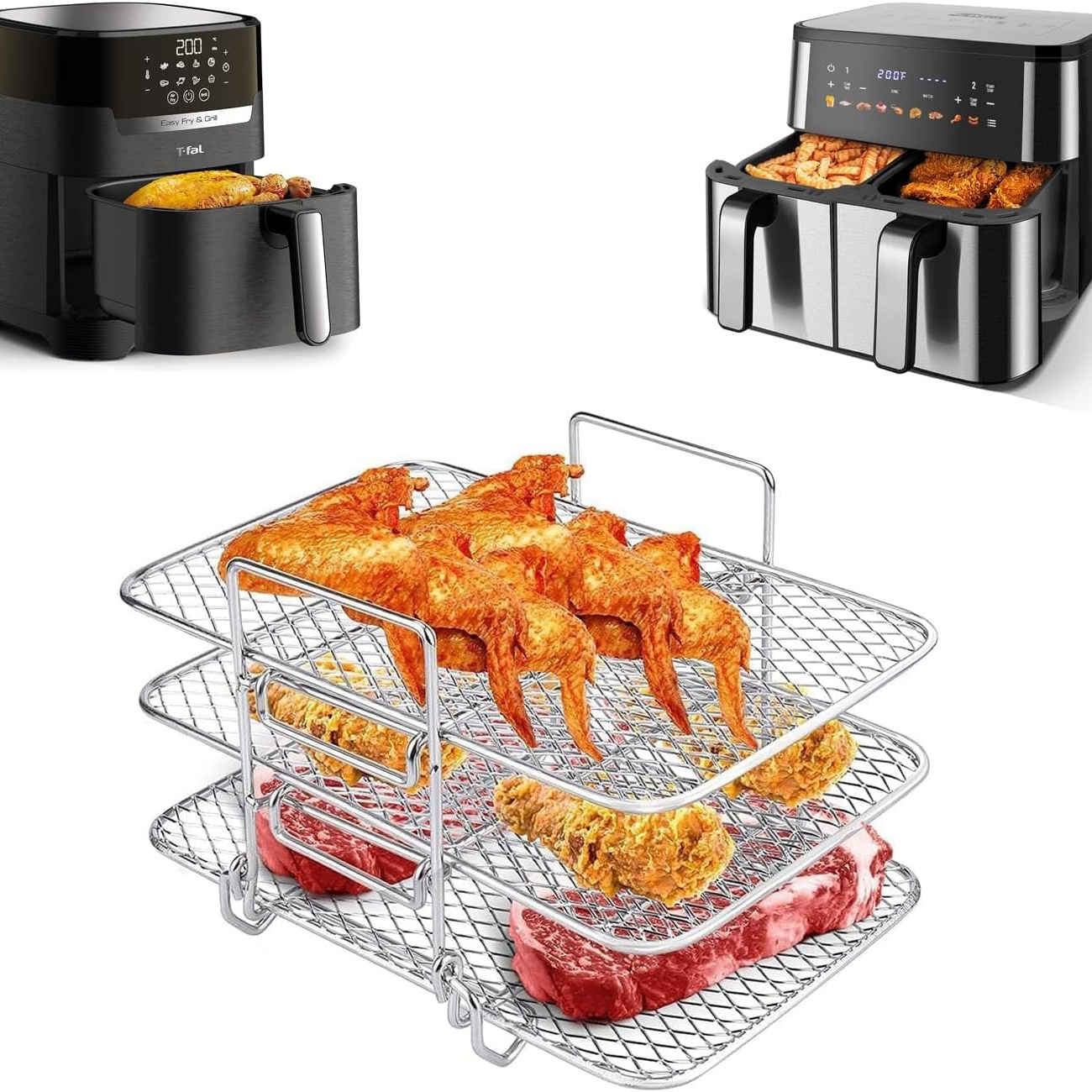 TEMU 3 Tier Stainless Steel Air Fryer Rack, Grill And Steamer Rack For Air Fryer, Ideal For Meat, Vegetables, Seafood And Dehydrating Fruit