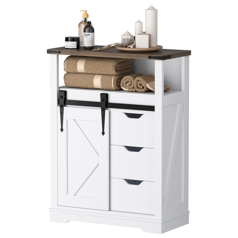 Image of Small Kitchen Storage Cabinet, Compact Farmhouse Coffee Bar Cabinet With Sliding Barn Door, Open Shelf & 3 Drawers, Modern Wooden White Accent Furniture For Apartments