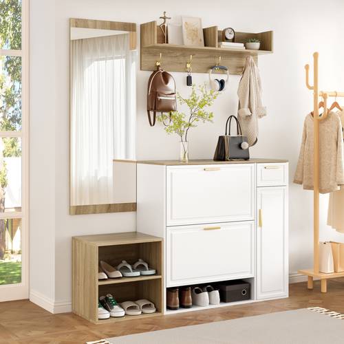 juego de armario de 4 piezas, zapatero de 35 cm de profundidad, y espejo de pared con estante, panel para perchero con ganchos, combo para pasillo , decoración de madera y , ancho 139.5 x 35 x 166 cm