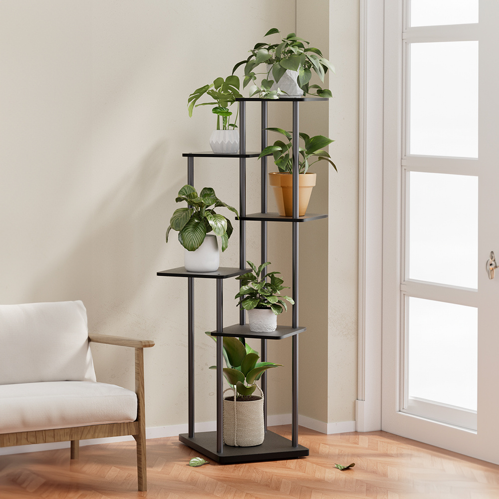 TEMU Irregular Multi-tier Plant Rack, 5/6 Tiers Stylish Special-shaped Flower Stand, Wooden Color & Black Metal Plant Holder, Corner Display Shelf,