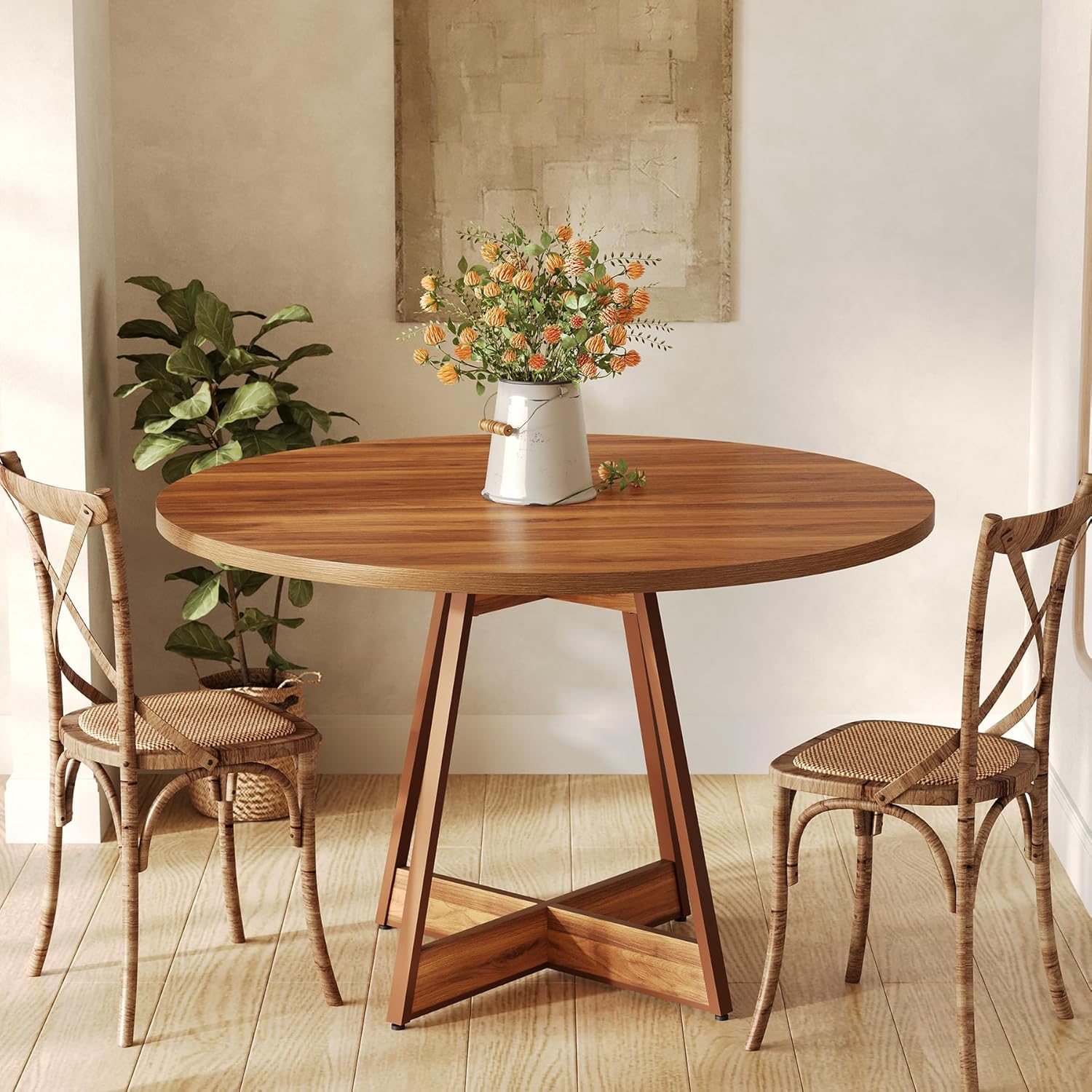 Image of 39 Inches Round Dining -4, Farmhouse Circle Kitchen Table For Dining Room, Wooden Dinner Table With Heavy Duty Pedestal, Small Bistro Table For Restaurant, Brown