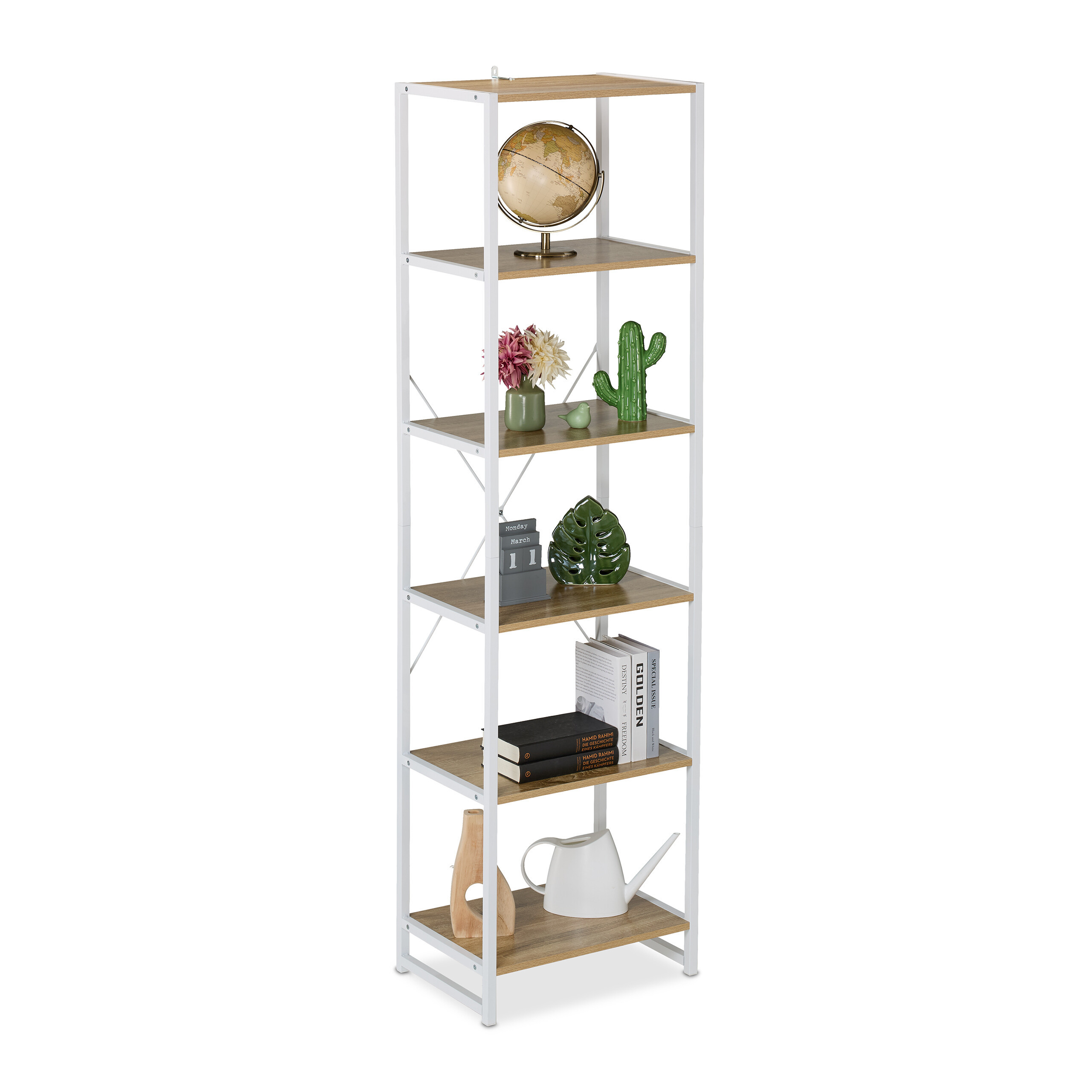 Image of Bookshelf White, 6 Open Shelves, 180 X 50 X 35 Cm, Shelves In Wood Optic, Wall Mounting Material, For Living Room, Kitchen And Hallway, Bookshelf, Storage Shelf, Presentation Shelf, Relaxdays