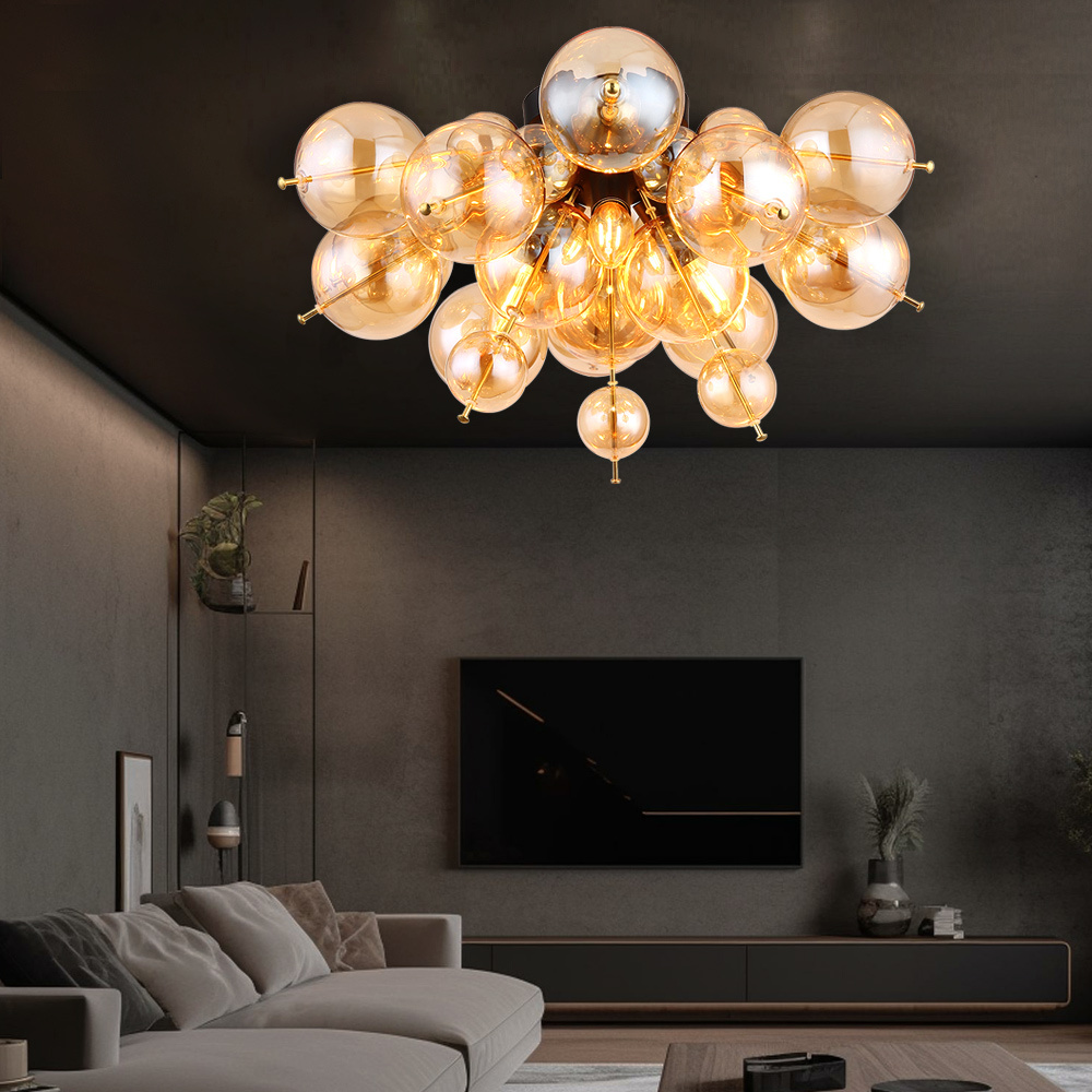 Image of Ceiling Lamp For Living Room, Bedroom, Dining Room, Hallway, Metal With Glass Globes In Amber Gold, 3-light E14, D 55 Cm