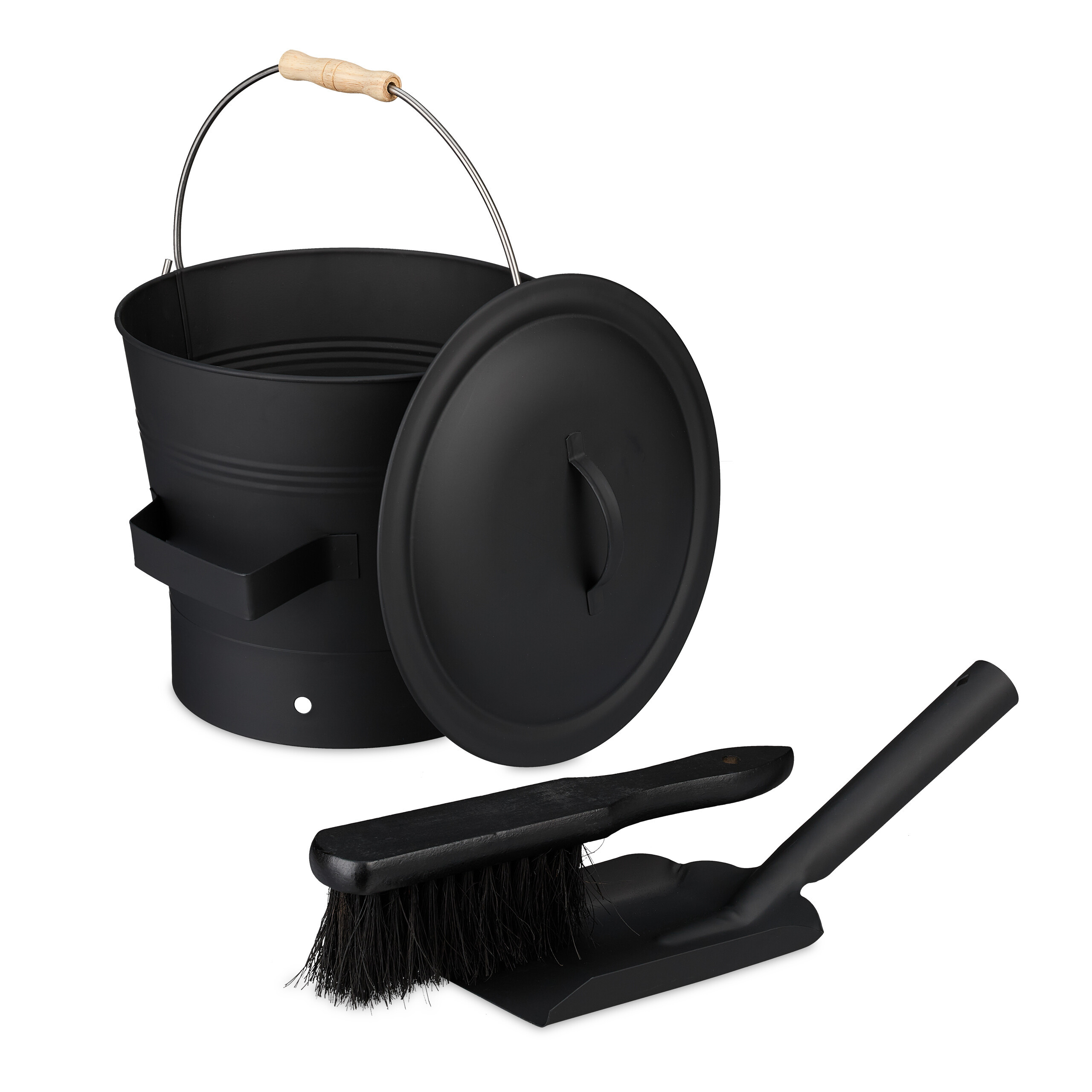 Image of Ash Bucket Black, 7.5 L, 26 X 32 X 33 Cm, Powder-coated Iron With Wooden Handle, Lid, Shovel And Ash Scoop, For Fireplace, Stove And Grill, Ash Container, Fire Bucket, Fireplace Accessories, Relaxdays