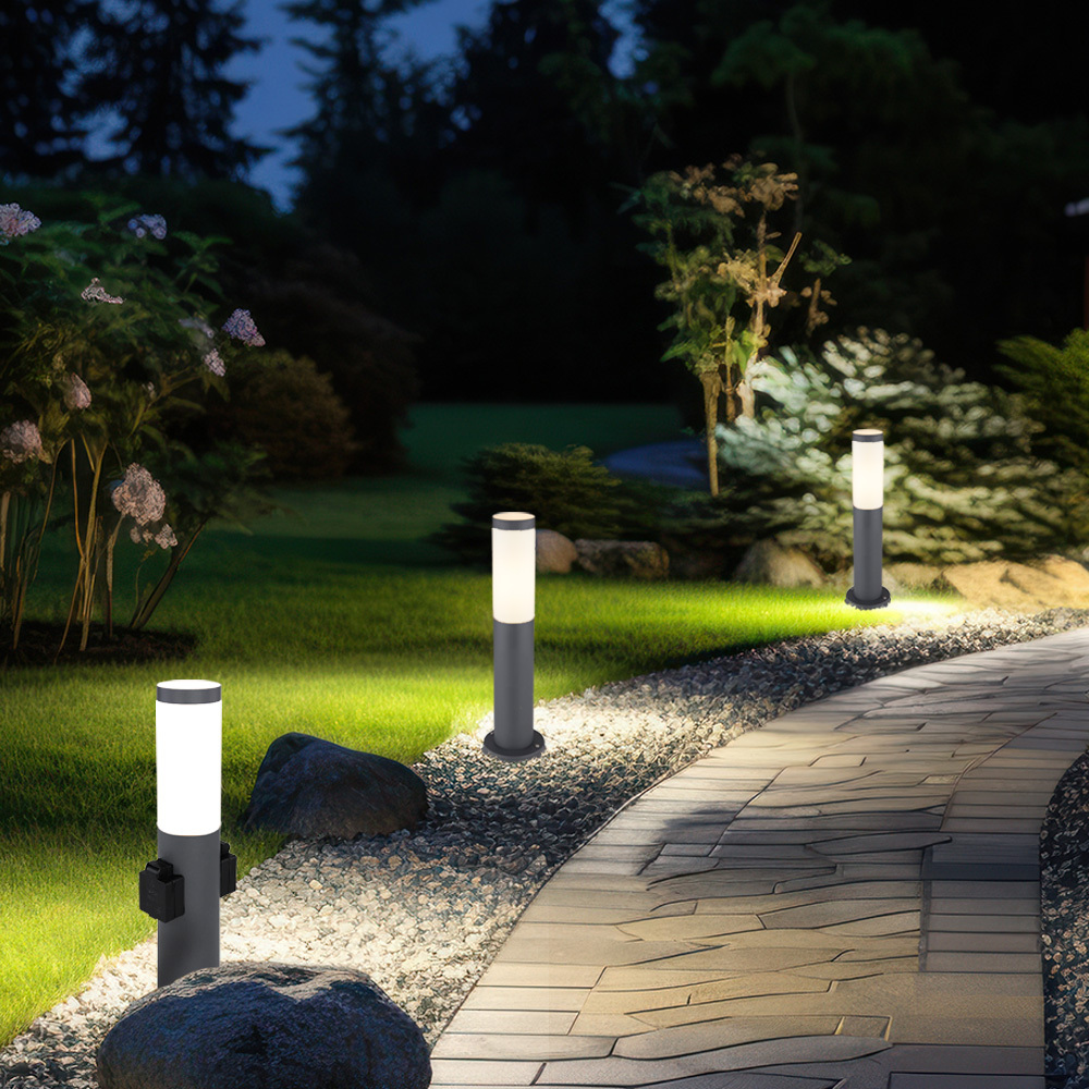 Outdoor Floor Lamp With Power Outlet, Stainless , Garden , , E27 Socket, 12.7x45 Cm, 3-pack (bulbs Not Included)