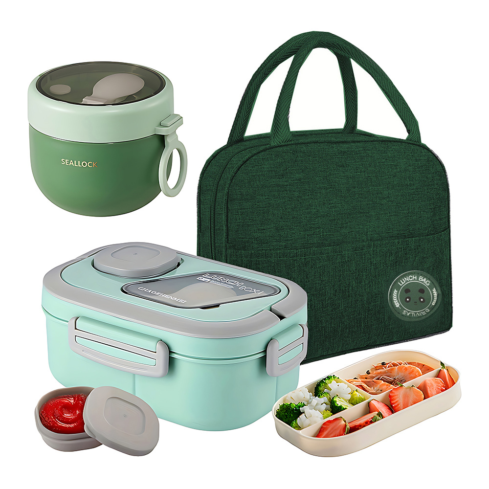 TEMU Lunch Box Set With Soup Cup & Insulated Bag For Office Workers & Students, Portable Bento Box Featuring A 3-compartment Container, Divided Tray,