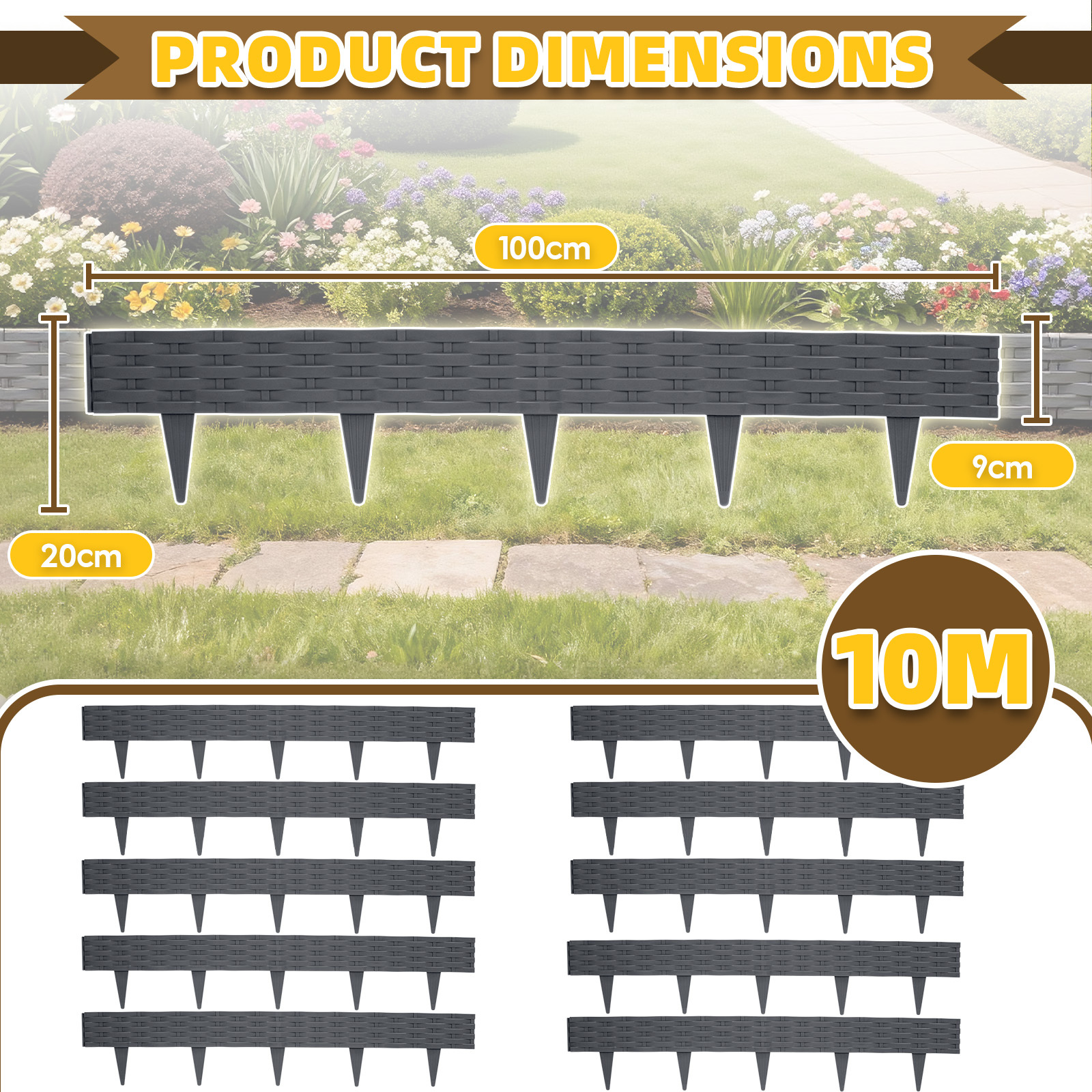 Lingsen 50cm/ 100cm Plastic Rattan Lawn Edge, Garden Bed Border In Rattan Optic Design, Flexible Mower Edge Protector, Flexible Garden Bed Border