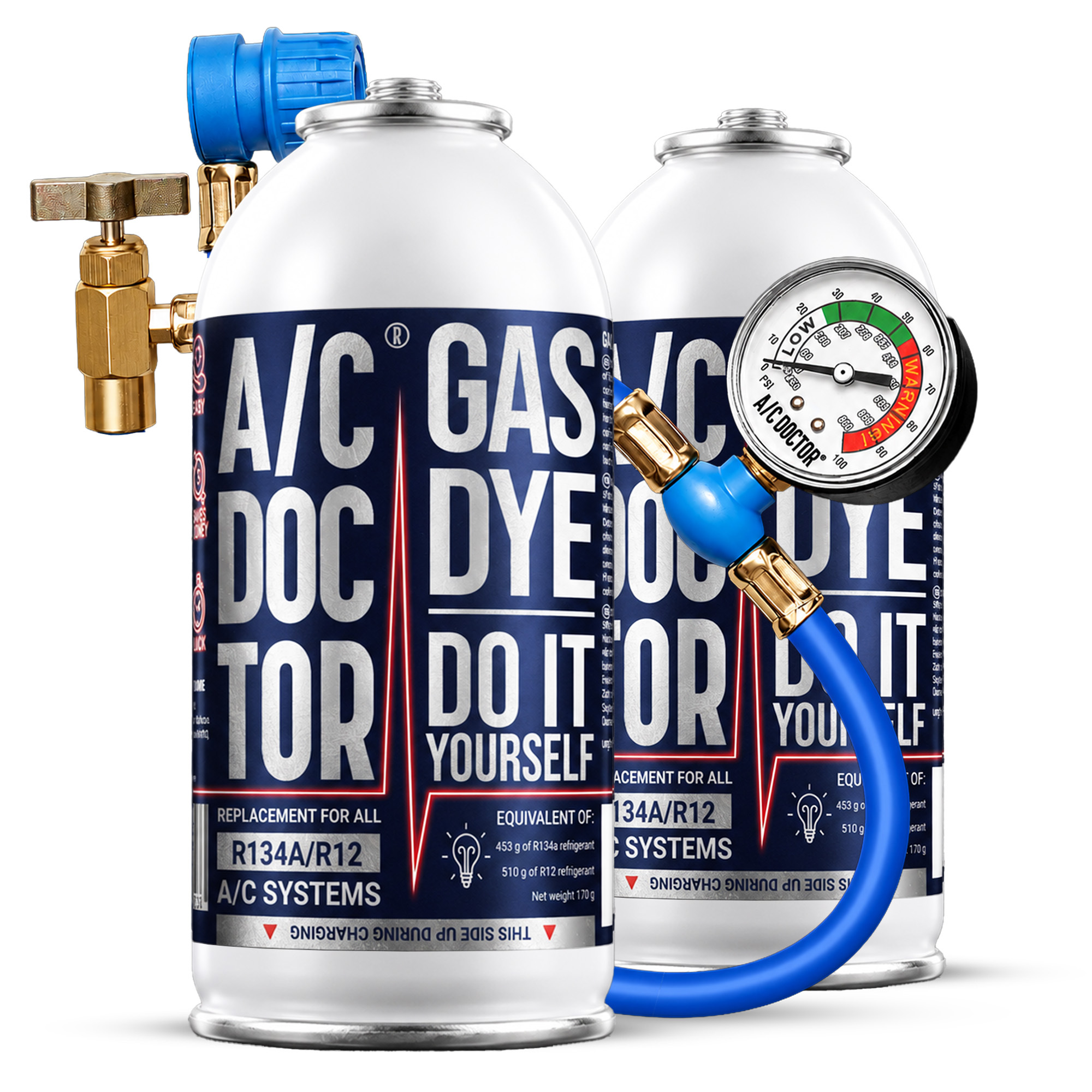 TEMU A/C Doctor 2x Gas R134A + Manguera, 2 botes de gas R134A (170 g uno), kit de recarga DIY para aire acondicionado de coche R134A, manguera con