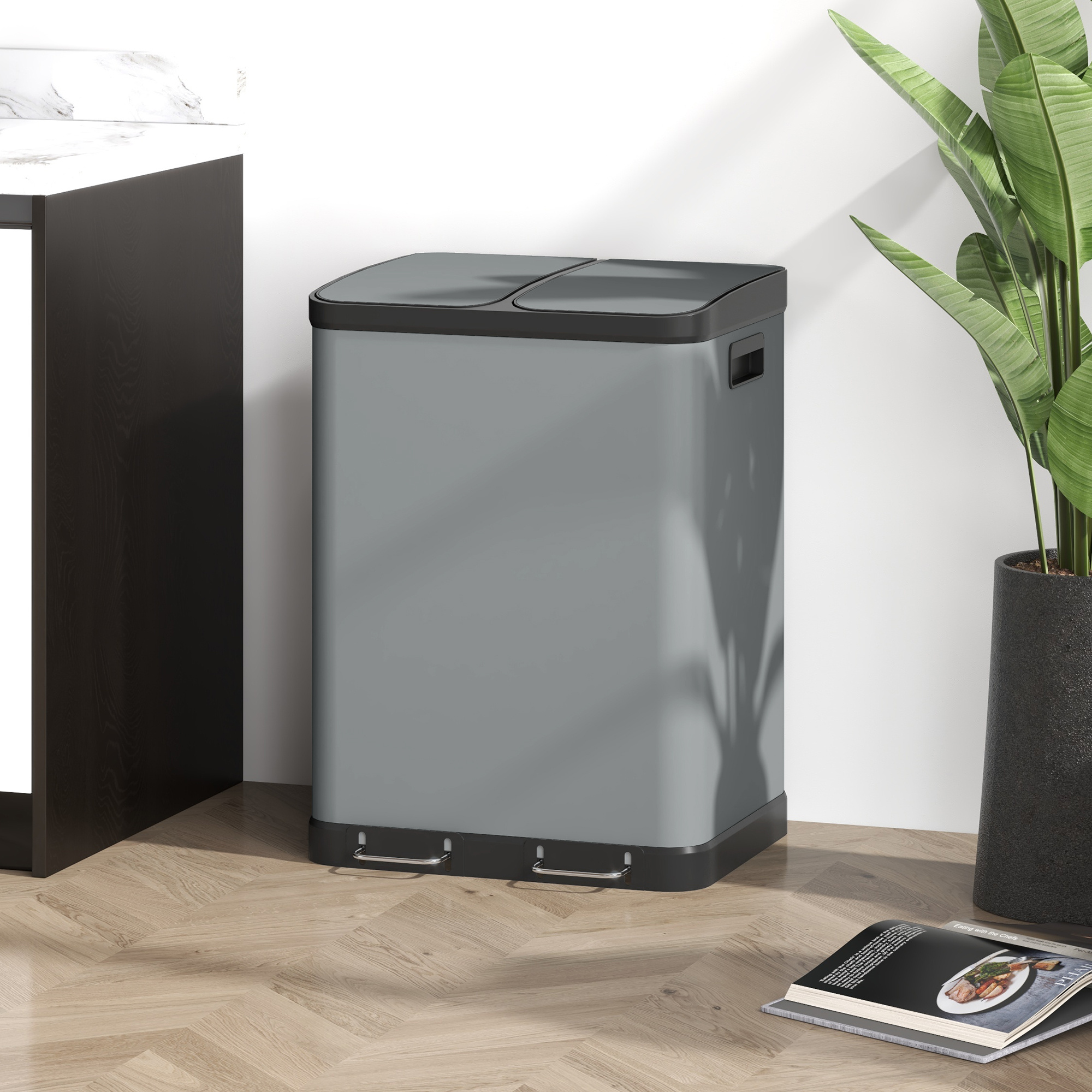 Image of Waste Bin 2 X 30l Pedal Bin With Lid, Trash Can, Waste System Metal With Plastic Inner Bucket, Softclose For Living Room, Office, Metal, 48.8 X 39.5 X 67 Cm