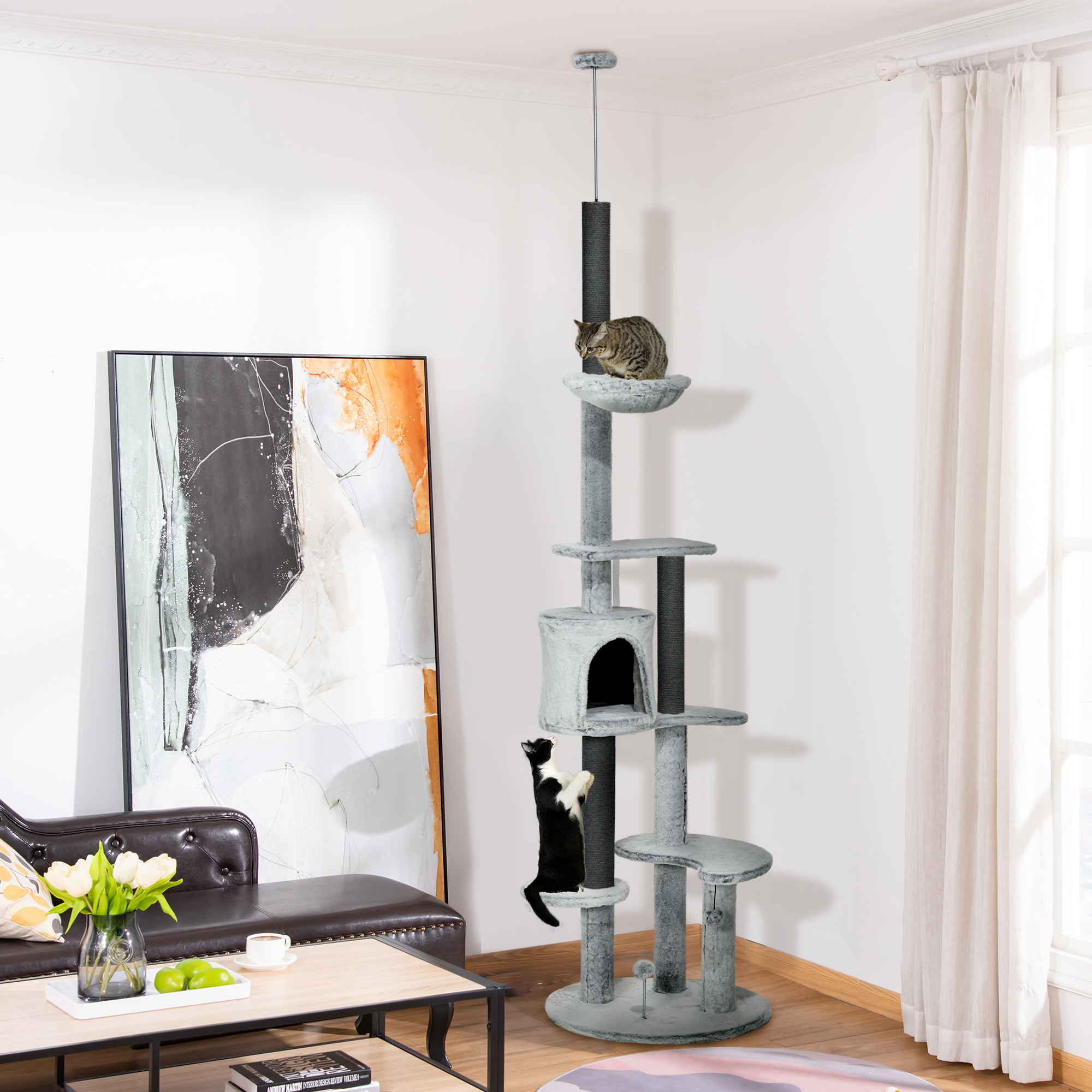 Scratching Tree Ceiling High, 225-255 Cm Height Adjustable Cat Tree, Cat Scratching Tree With Cat Cave, Scratching Posts, Basket, Play Ball, Cat Furniture For Medium-sized Cats, Grey
