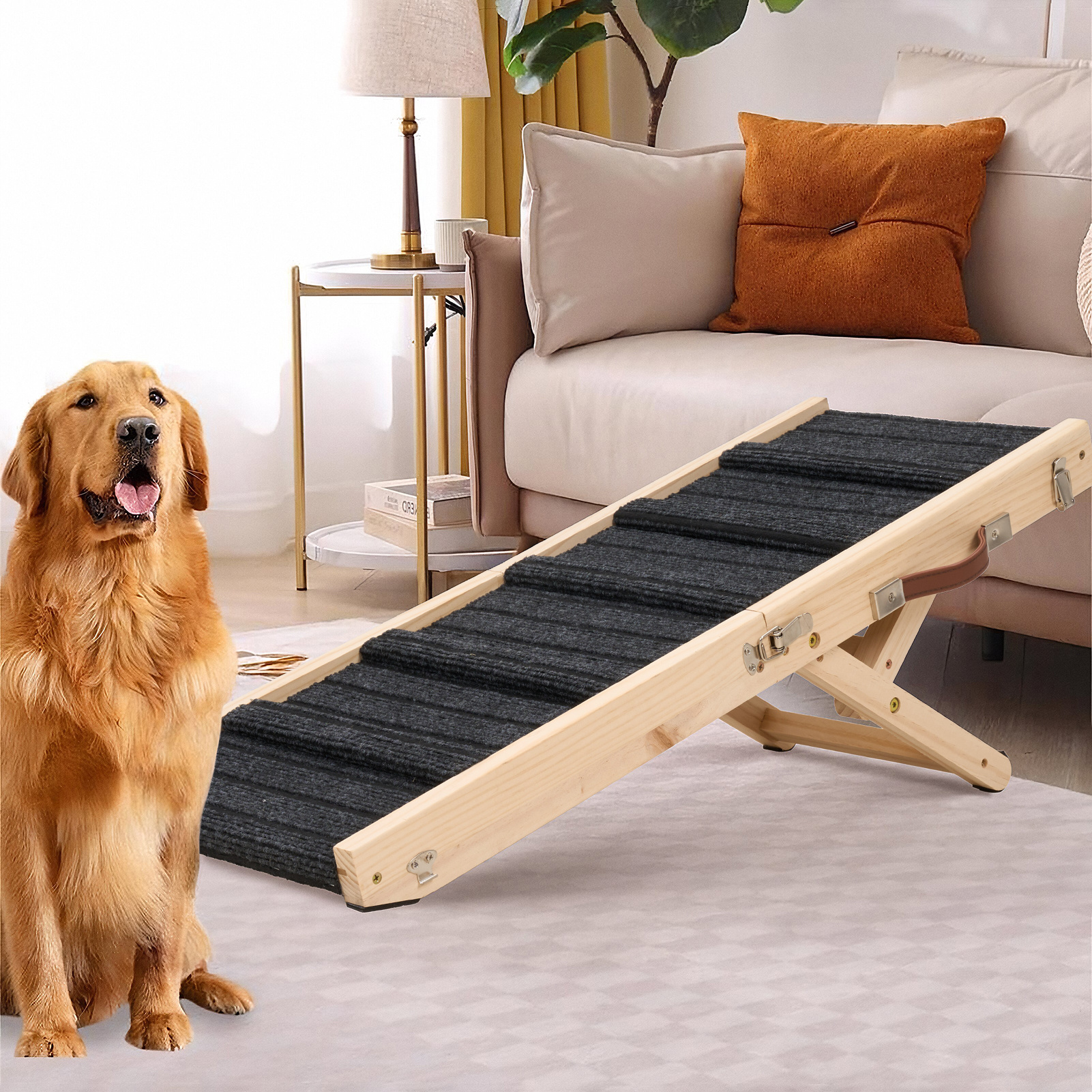 TEMU Wooden Folding Portable Pet Ramp, Adjustable 3.94" To 17.32" With Non-slip Mat For Small Dogs, Dog Climbing Ladder For Sofa, Bed, Couch, Car