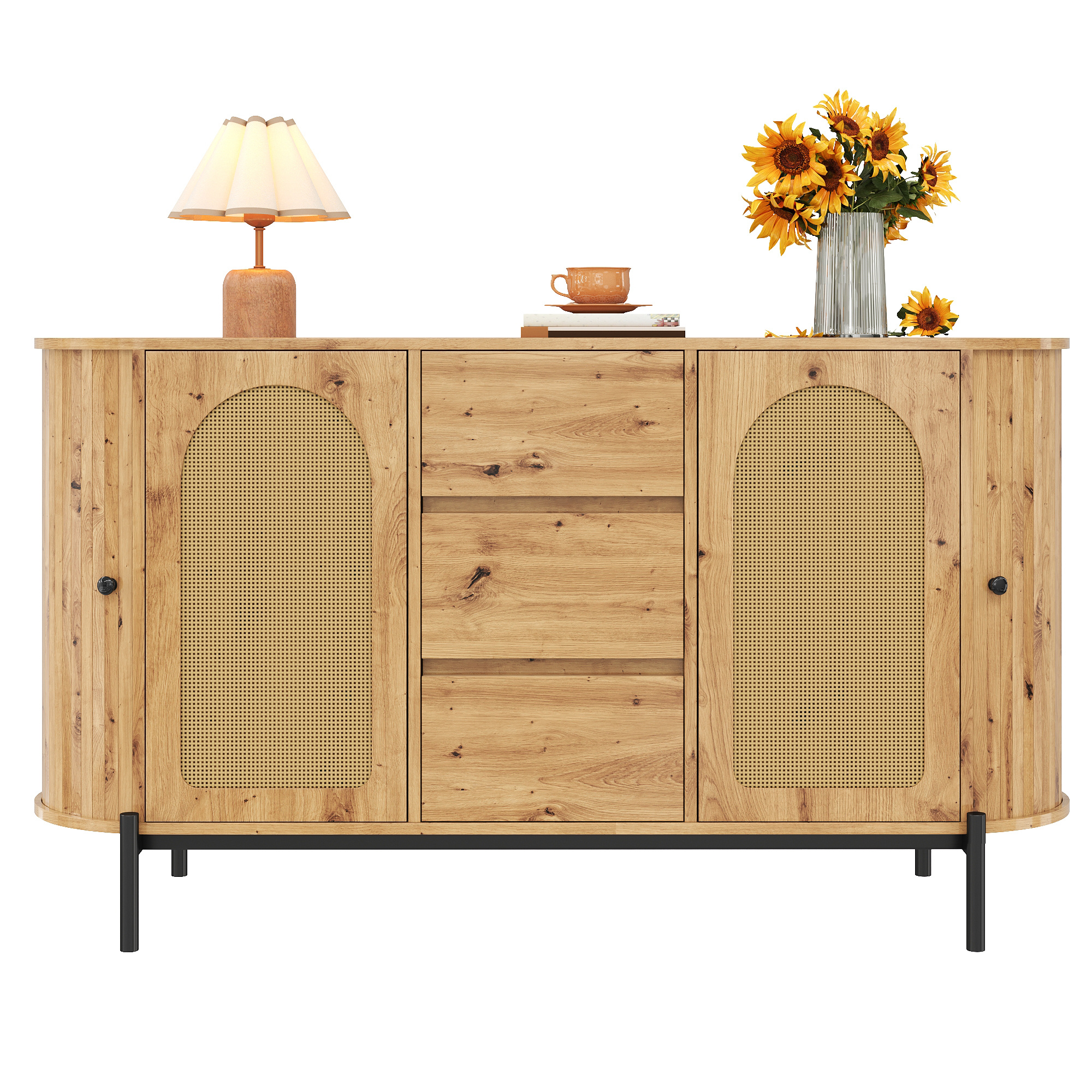 Image of Oval Sideboard With Rattan, Sliding Doors, Doors And Drawers, Adjustable Compartments, Wood Look, Metal Legs, Multifunctional Storage Cabinet