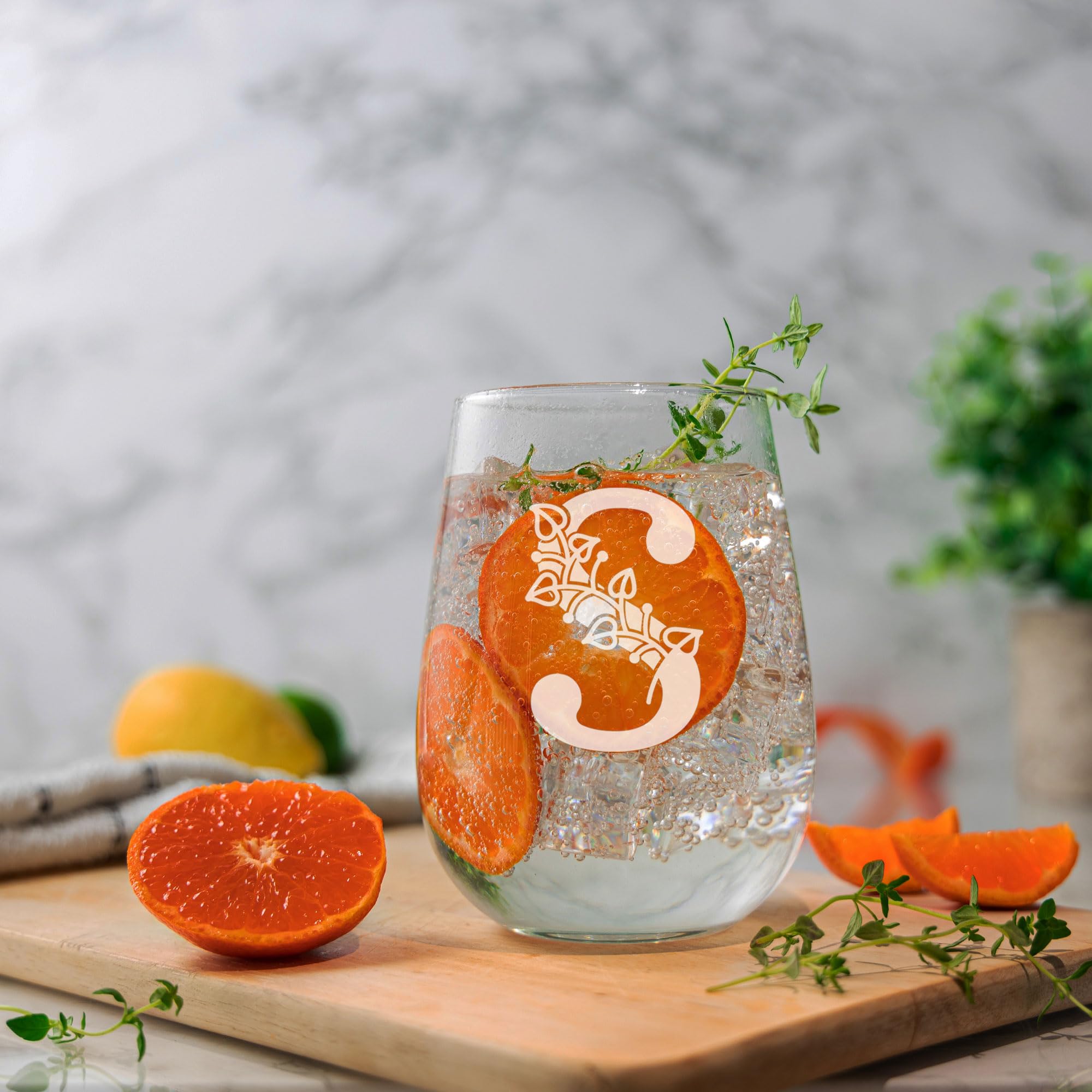 S Monogram Initial Etched Stemless Gin Glass, Engraved Gift