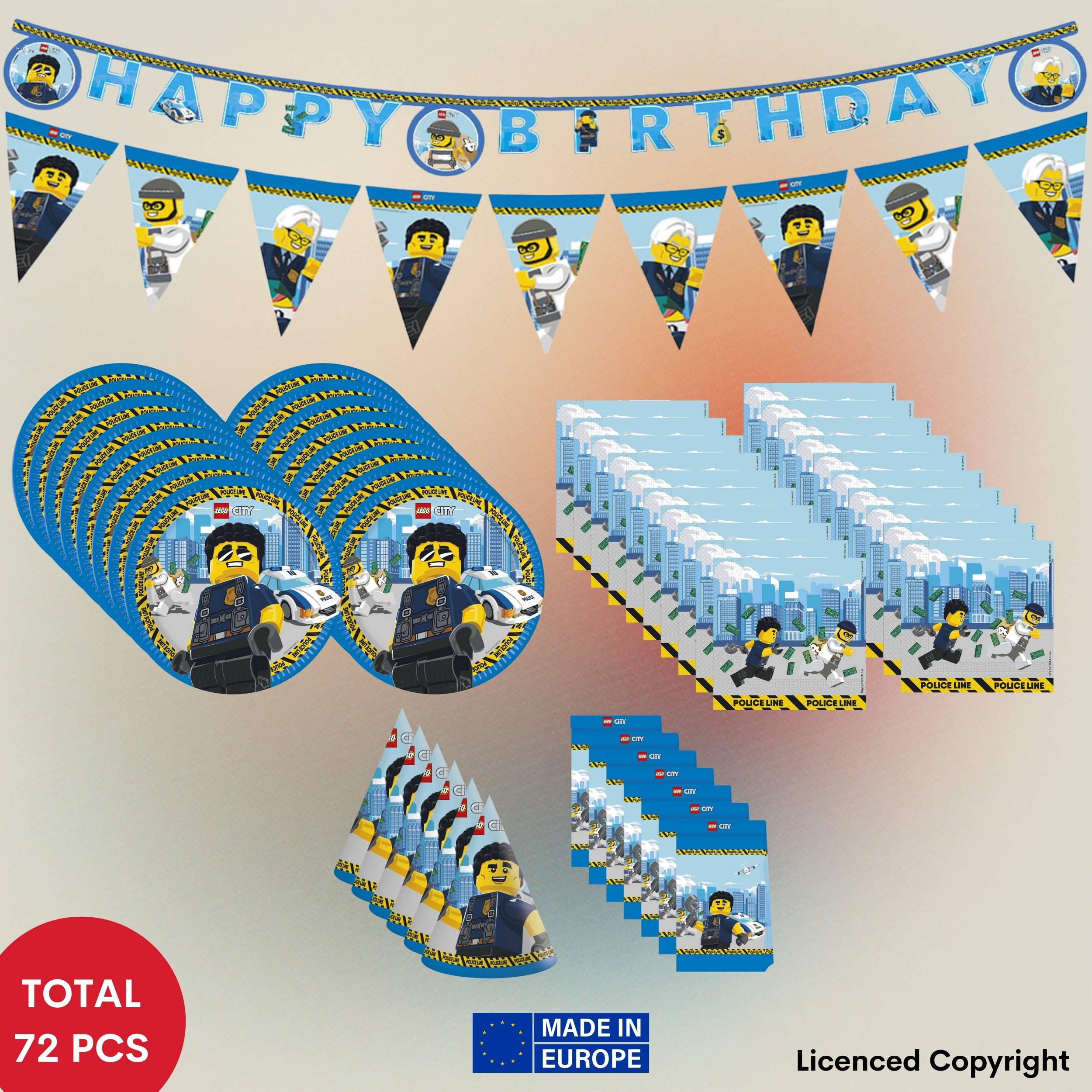 TEMU 72-tlg. LEGO Set für Kindergeburtstag & Polizei-Motto – Komplett-Set mit 1 Happy Birthday Papierbanner, 1 Wimpelkette, 40 Servietten (33×33 cm),