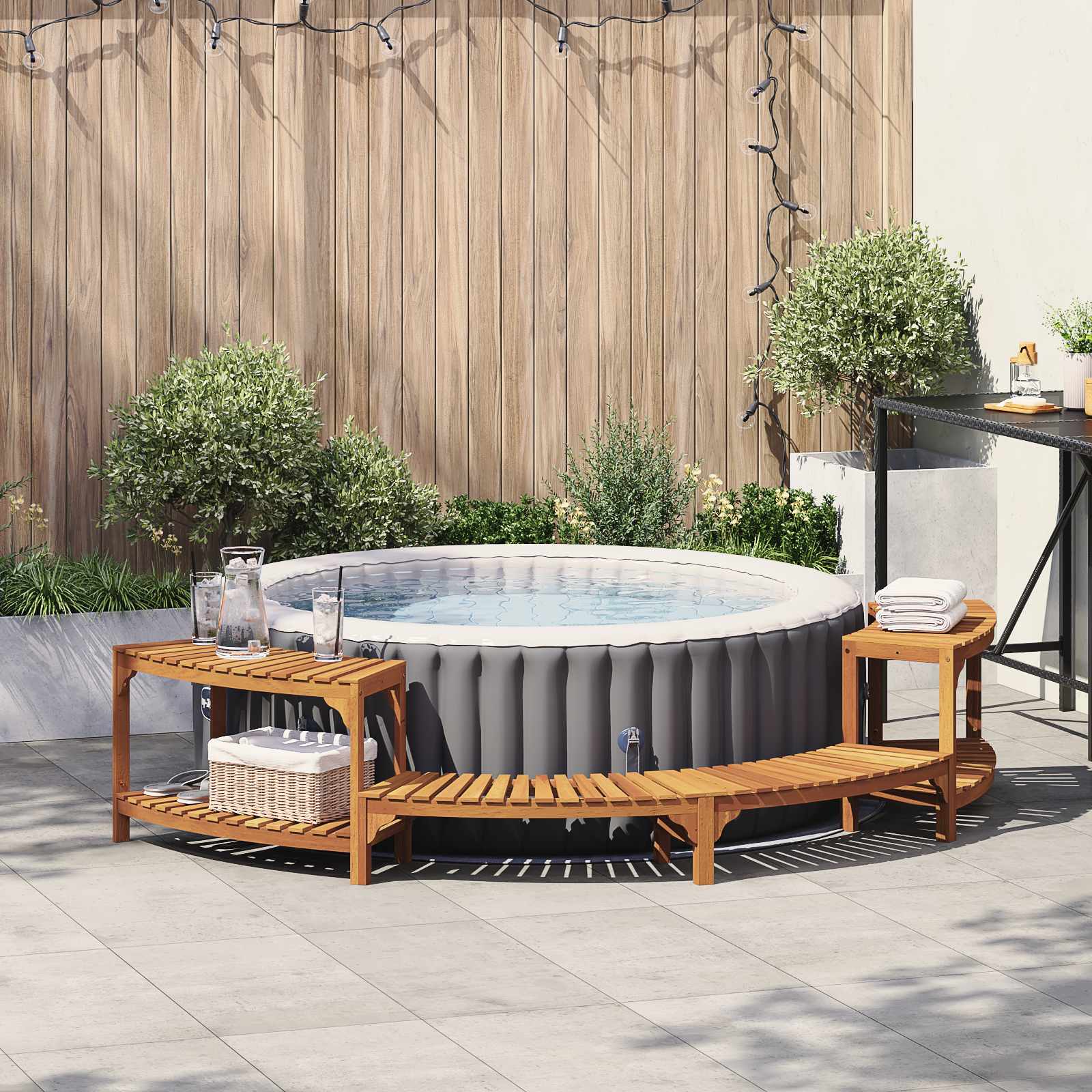 Image of Surround Half-round Solid Acacia Wood, Brown, Acacia Wood Hot Tub Border, Minimalist Outdoor , For Relaxing Days