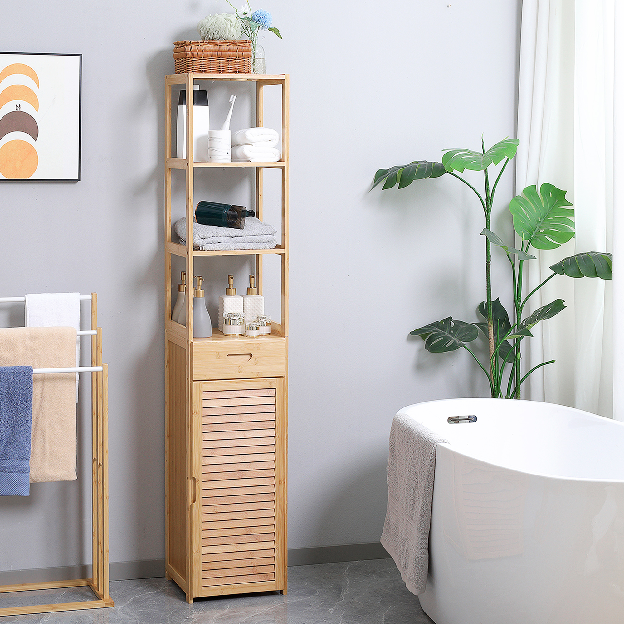Bathroom Cabinet With Drawer, 3 Shelves, Open Compartment, Bamboo, Tall Cabinet For Bathroom And Living Room, 32 X 30 X 163 Cm, Natural Wood