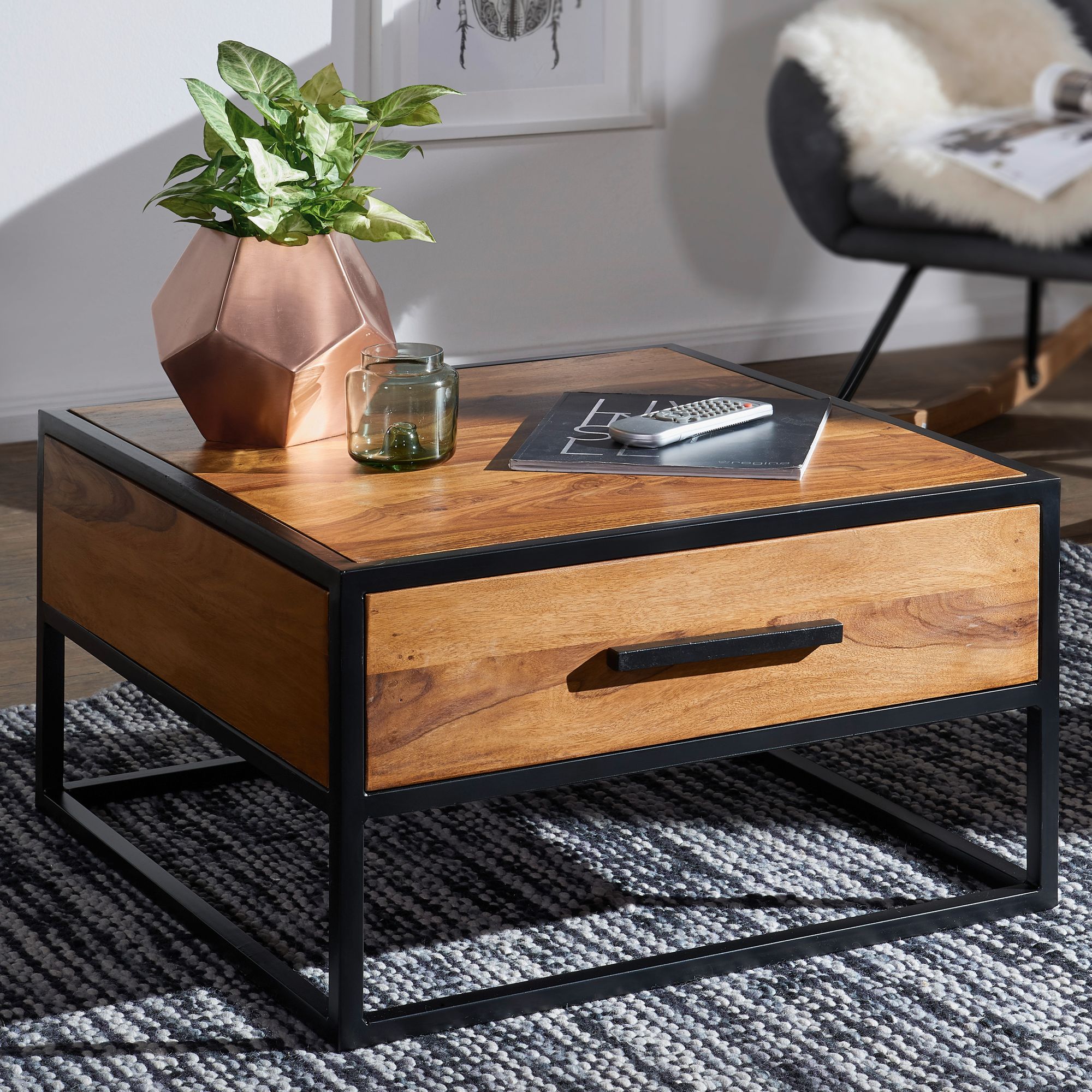 Coffee Table Fb51417 Solid Wood / Metal Sofa Table 65x38x65cm, Design Living Room Table , Table Industrial Brown, Designer Wooden Table Coffee Table Solid With Drawer