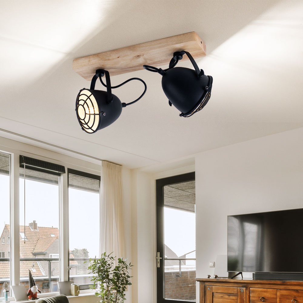 Ceiling Spotlight Lamp, Living Room Ceiling Light, Dining Room Ceiling Lamp, Black Metal Grid With Natural Wood, 2-arm E14 Adjustable Spotlights, Cm