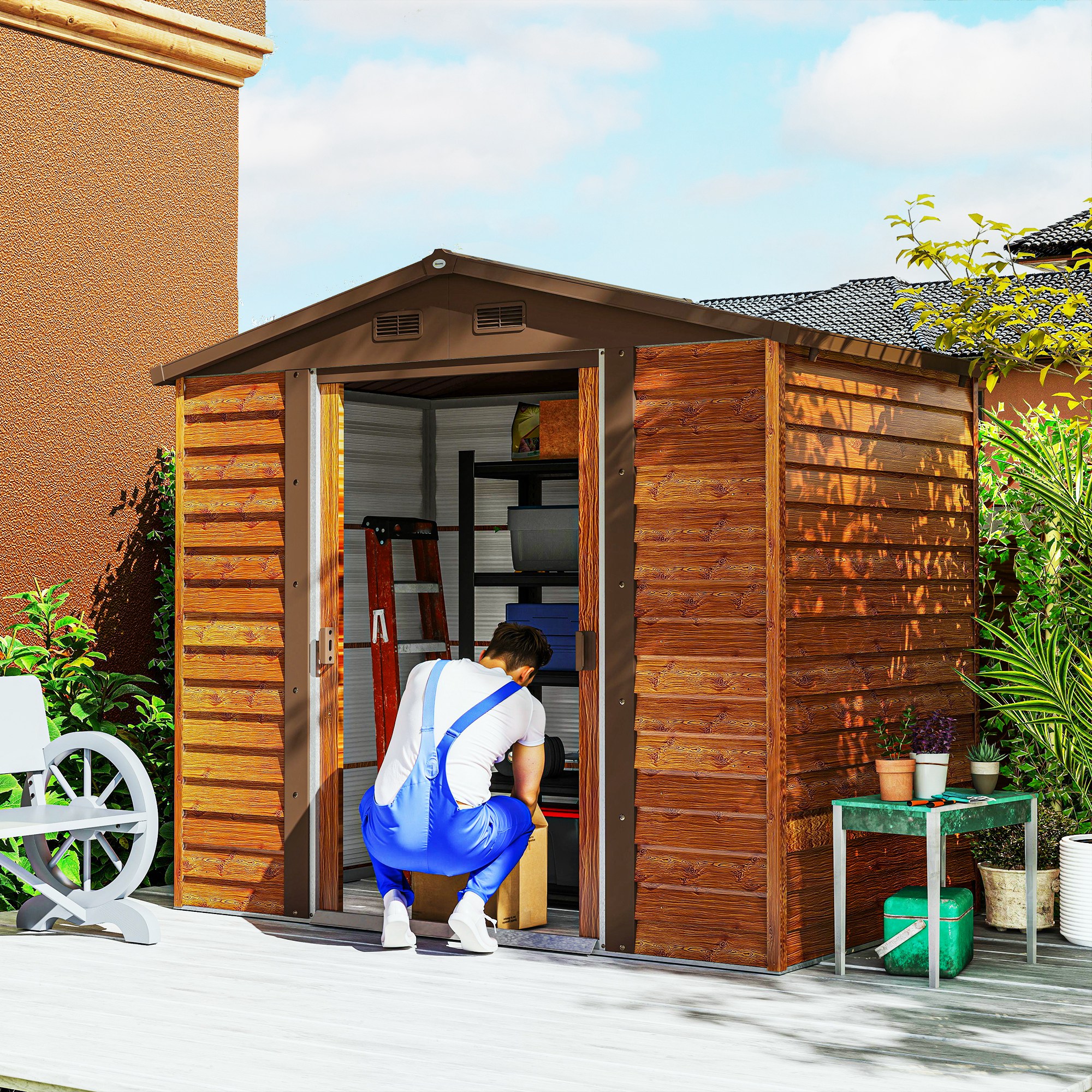 Image of Metal Tool Shed With Wood Look, 3 M², 152 X 235.7 X 208.7 Cm, Gable Roof, Window, Double Sliding Doors, Weatherproof, Garden House, Outdoor Storage Shed For Backyard, Brown